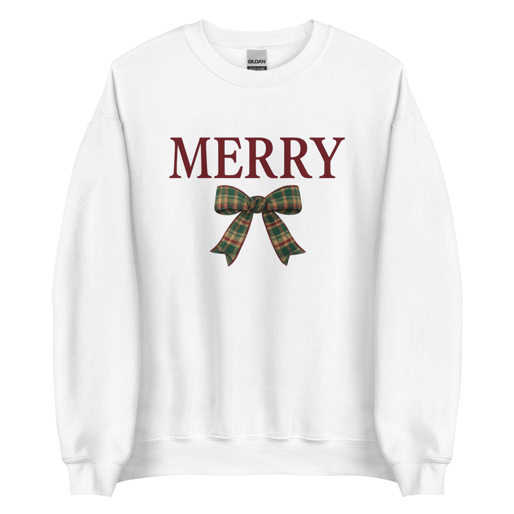 White Merry Christmas sweatshirt with plaid bow, cotton blend crewneck