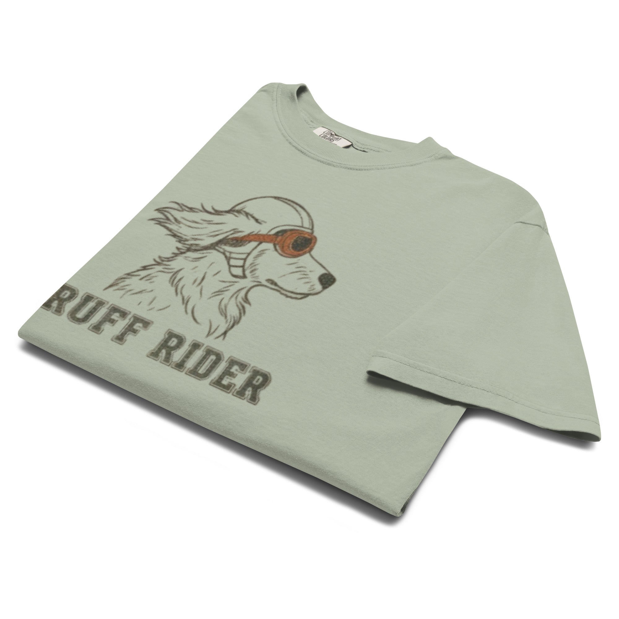 Olive green Ruff Rider Dachshund tee with long dog graphic, short attention span