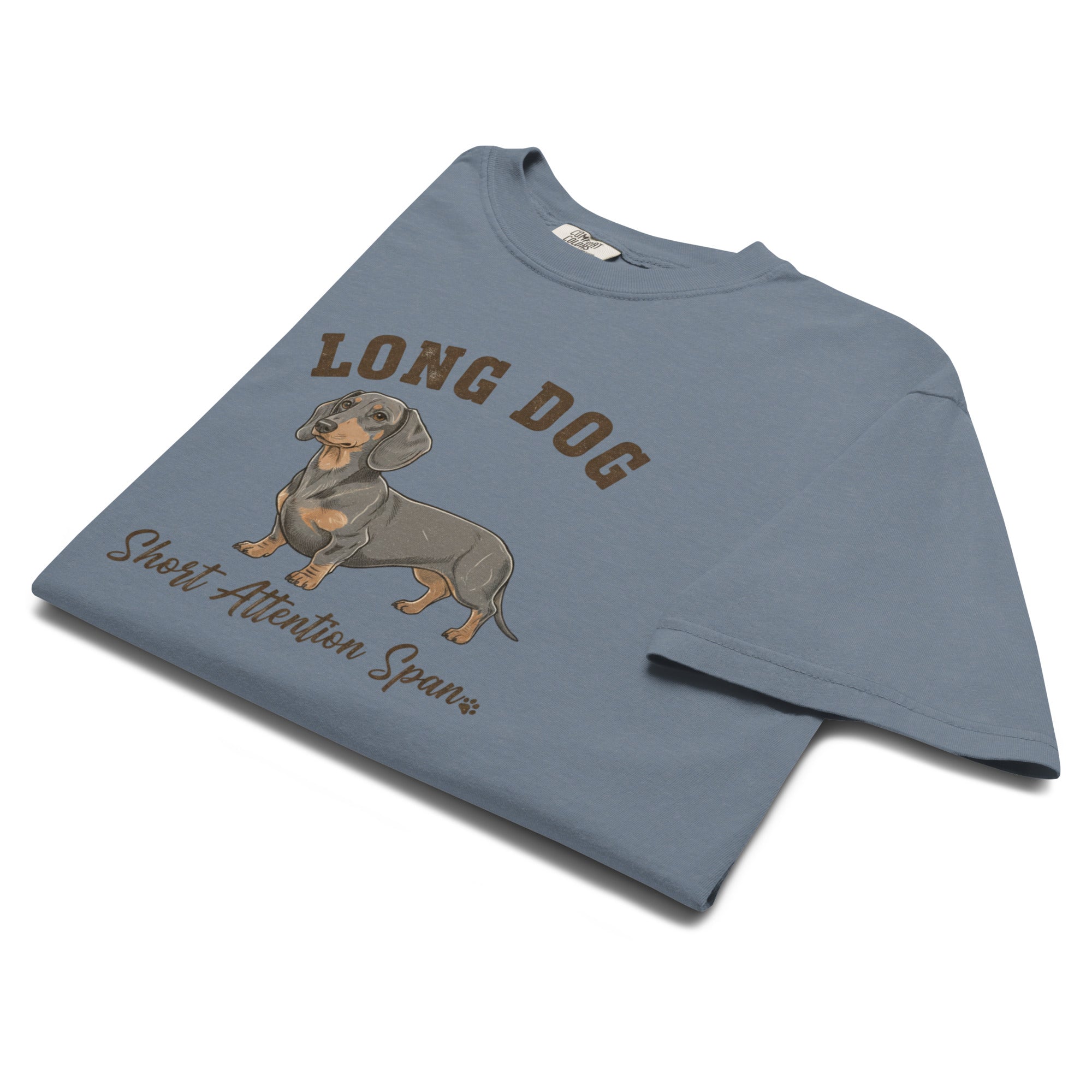 Blue long dog t-shirt with dachshund graphic and Short Attention Span text
