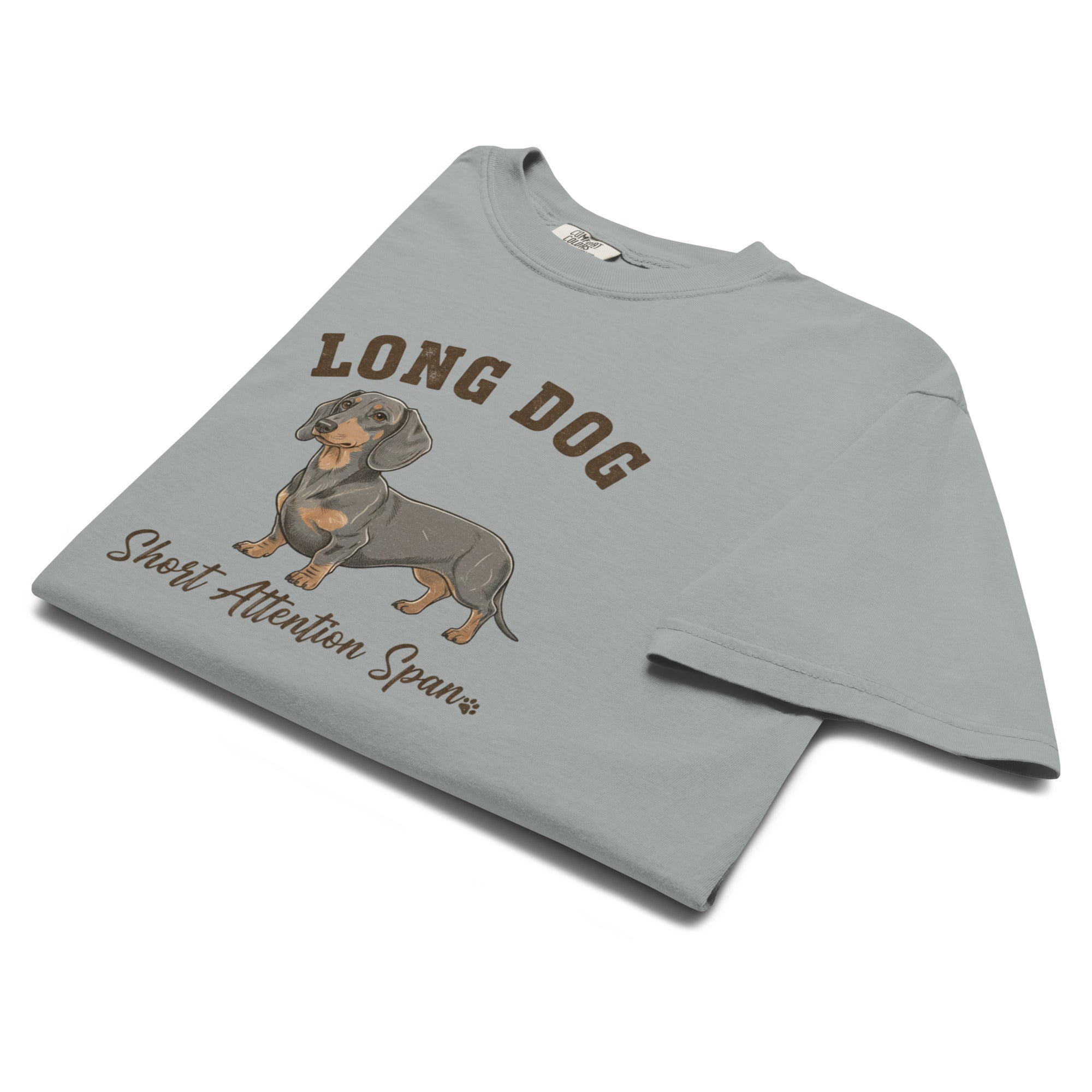 Gray Dachshund T-Shirt with Long Dog Short Attention Span Illustration