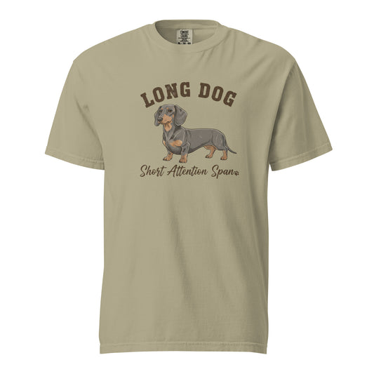 Olive green Dachshund t-shirt with long dog short attention span design