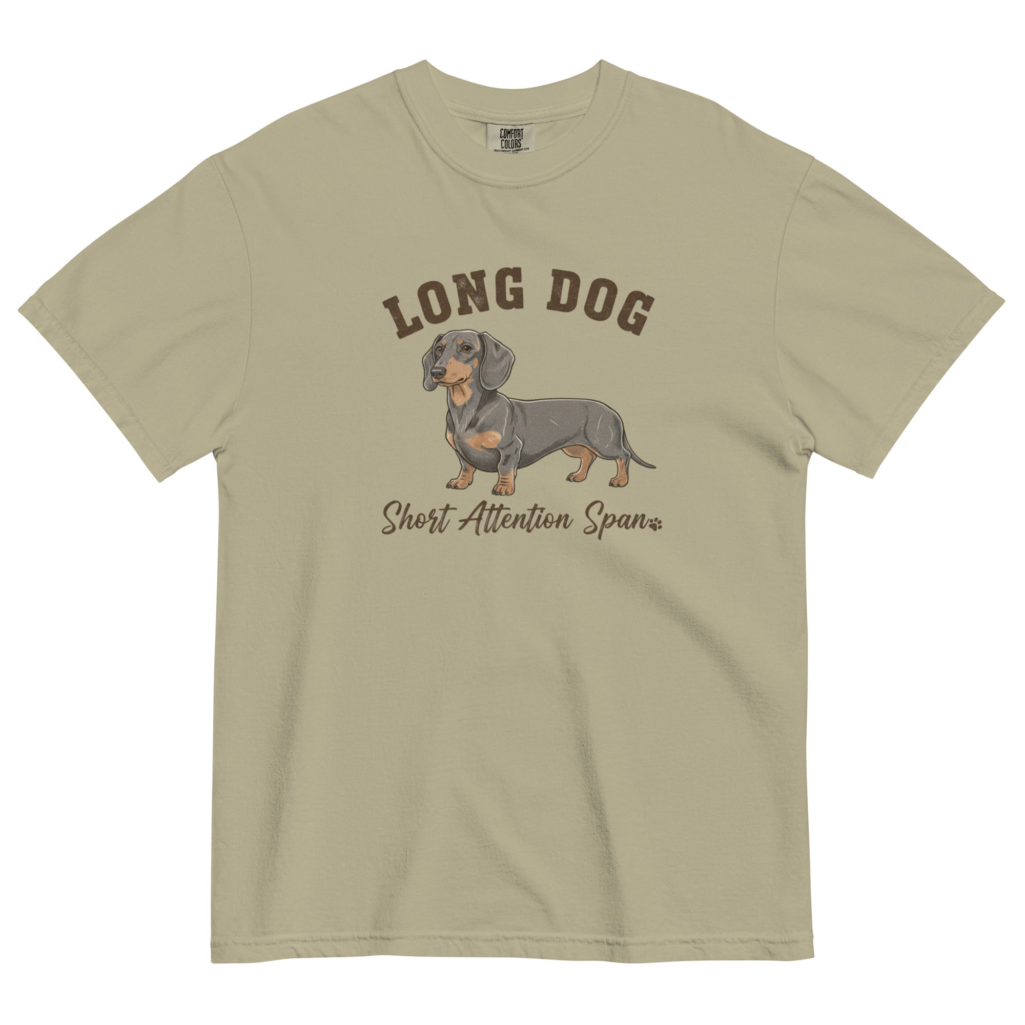 Olive green dachshund t-shirt with long dog short attention span print