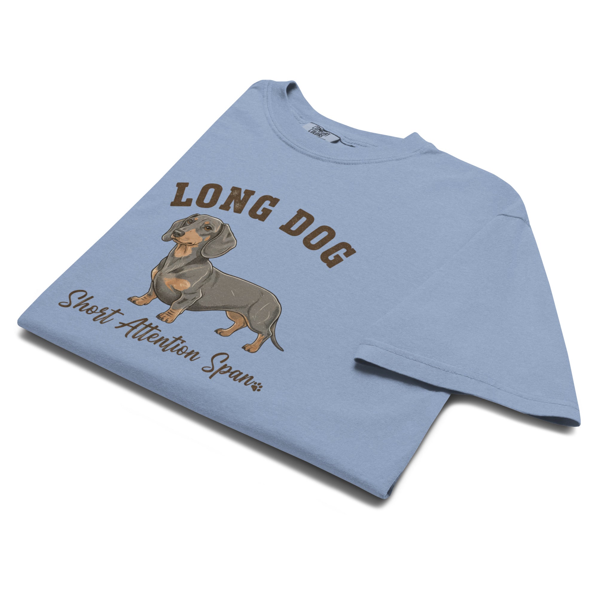 Light blue dachshund tee with long dog short attention span design