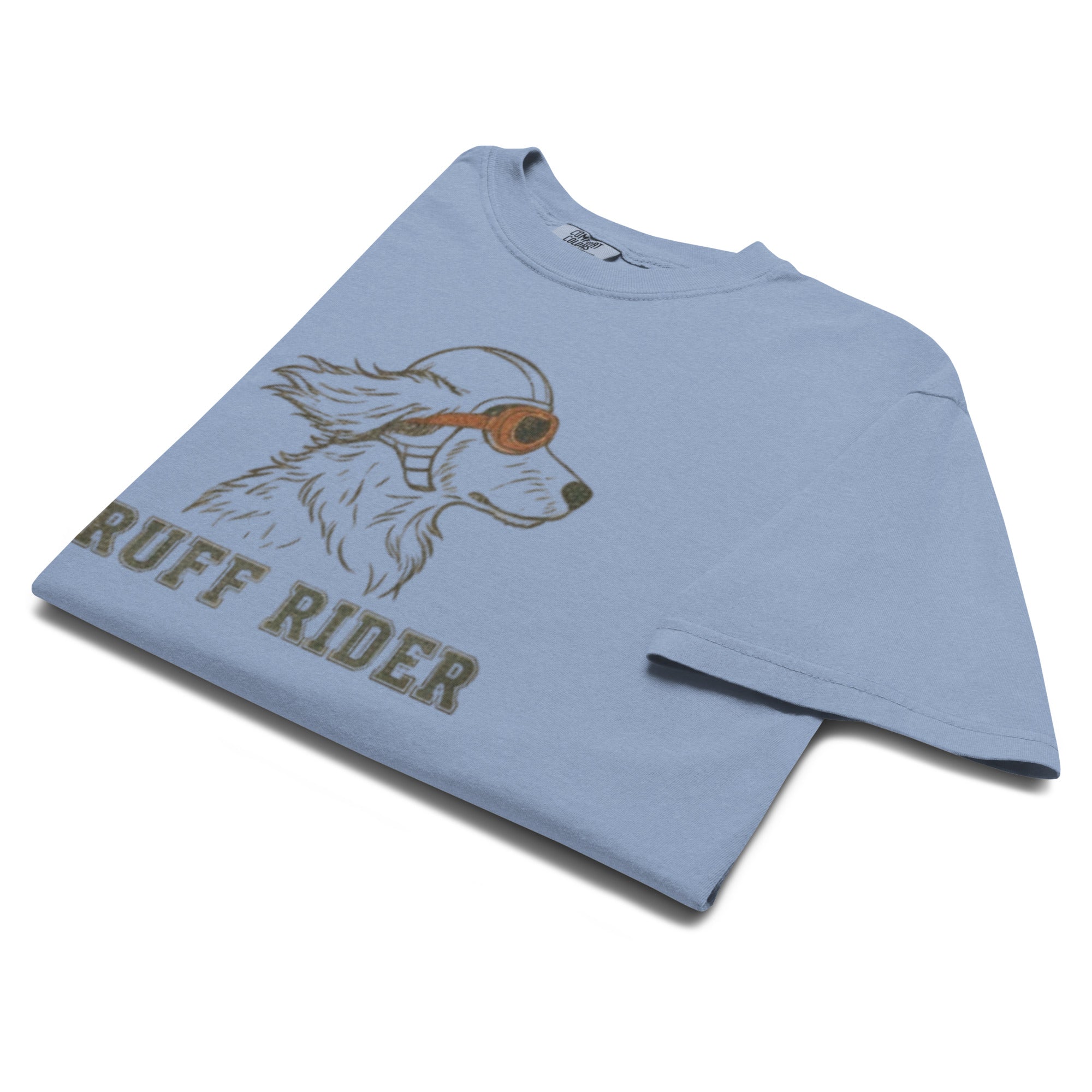 Light blue Dachshund tee with ruff rider dog graphic, short attention span doxie