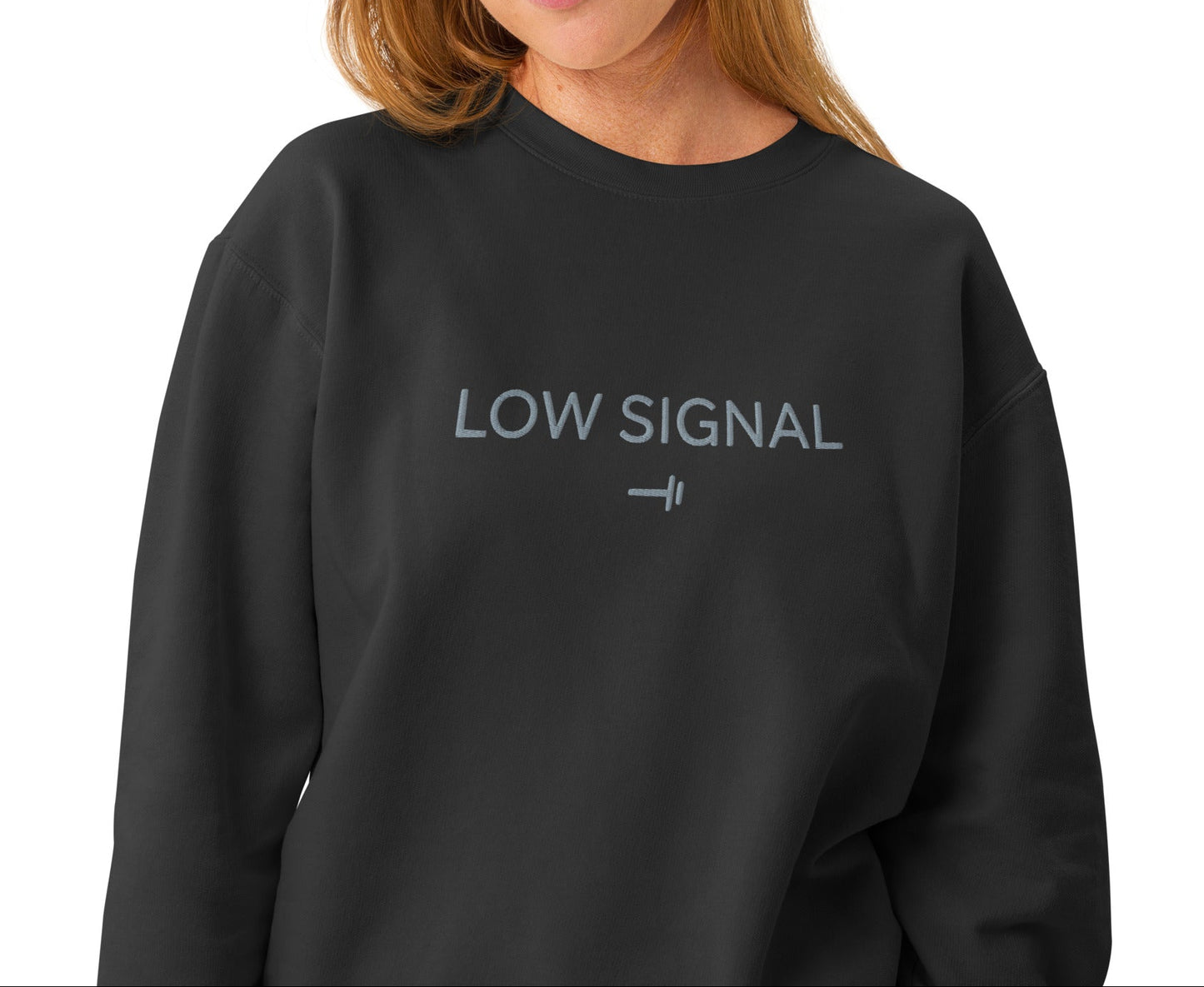 Black low signal embroidered cotton crewneck sweatshirt with barbell design