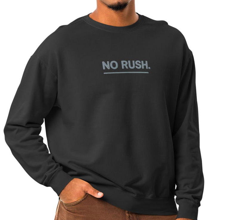 Black long-sleeved Comfort Colors unisex rush embroidered sweatshirt with No Rush text