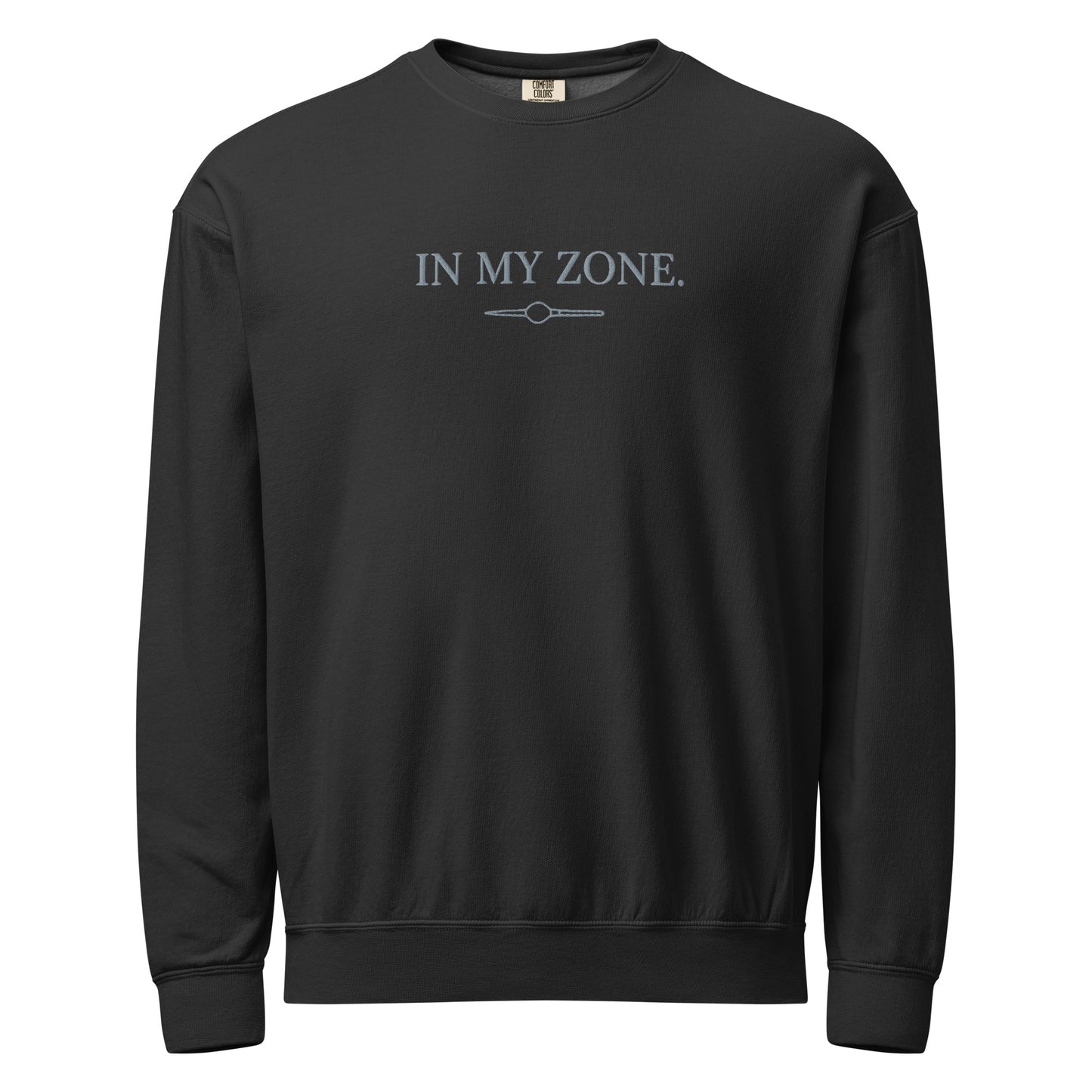 Black Comfort Colors zone embroidered sweatshirt with In My Zone design
