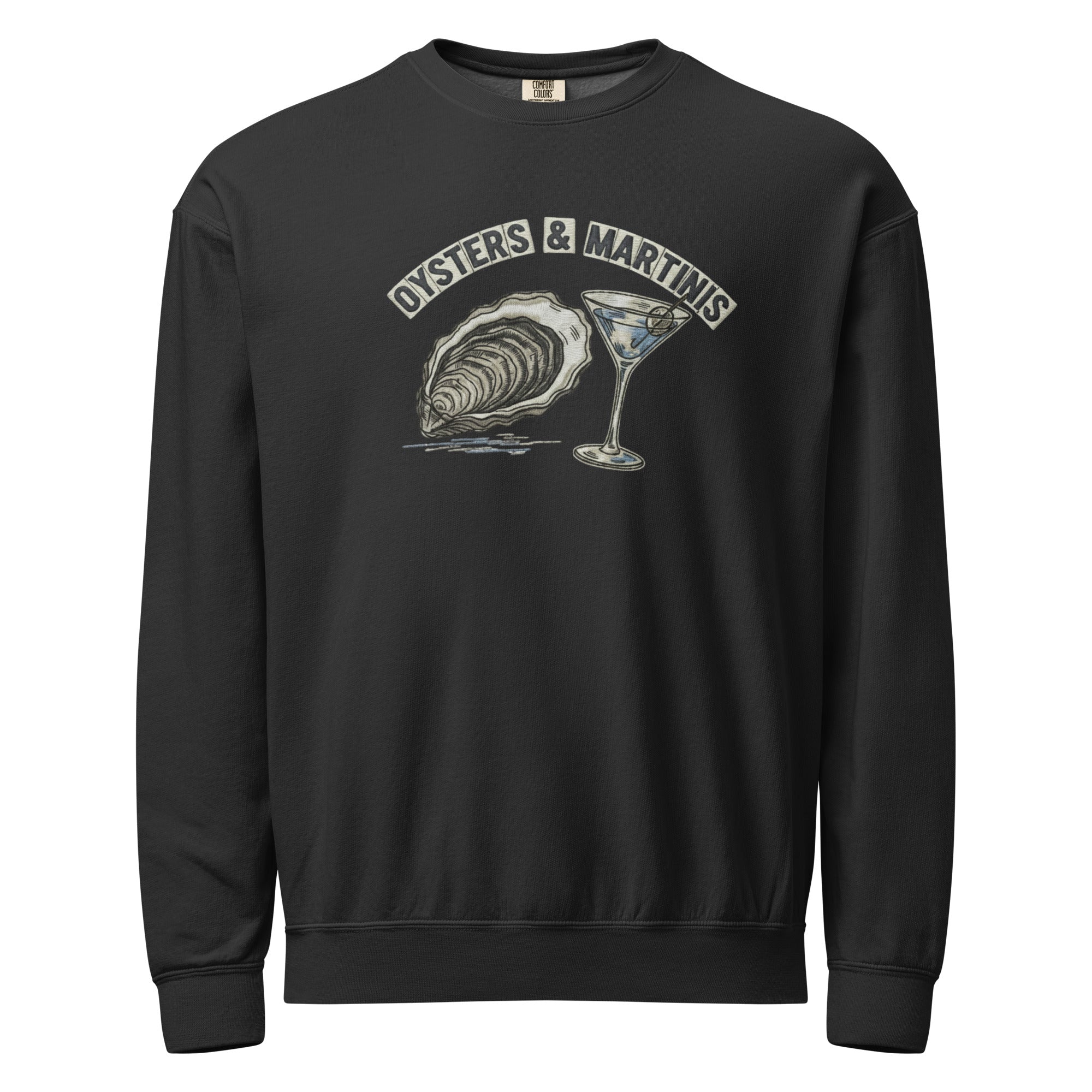 Black coastal crewneck sweatshirt with oysters and martinis design