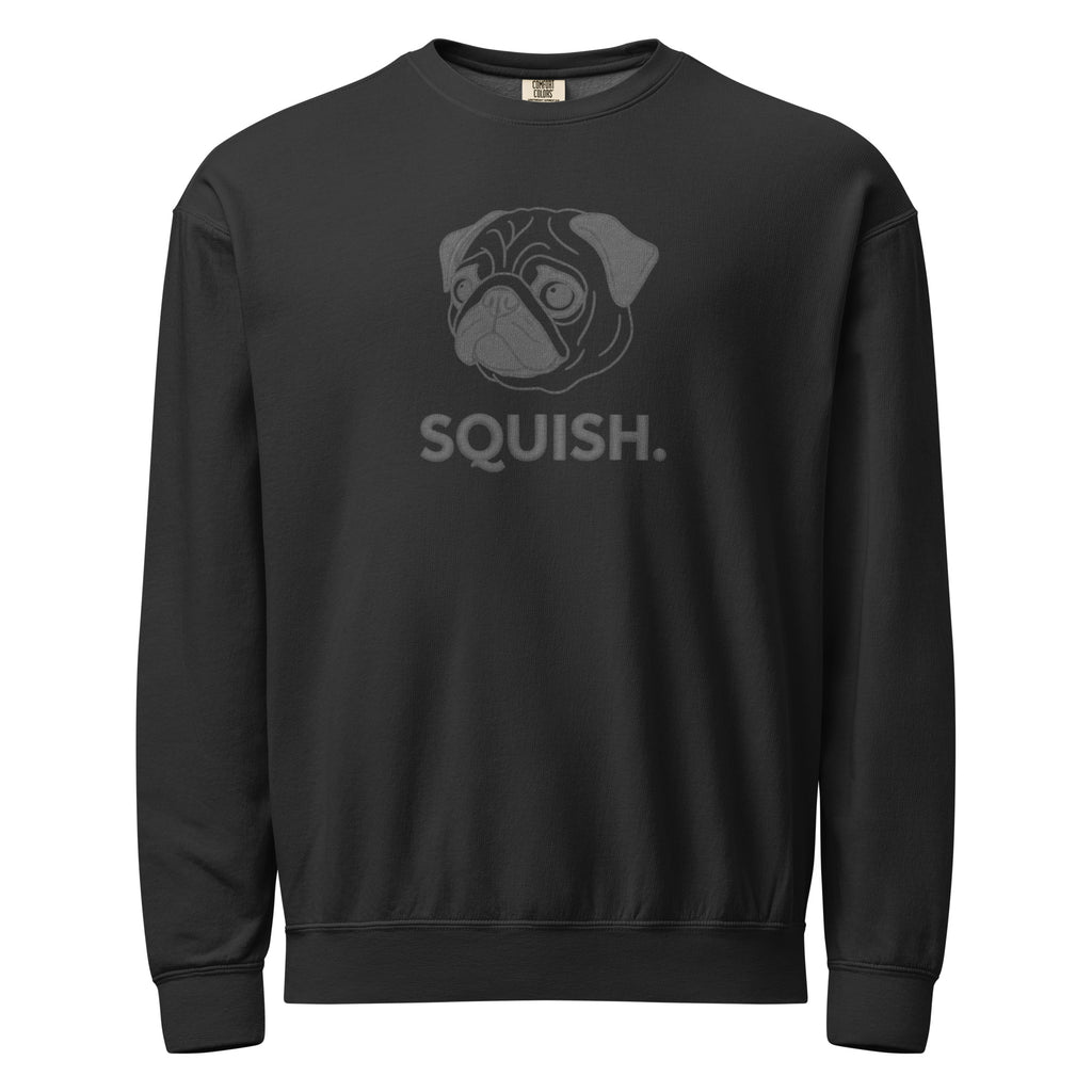 Black pug face sweatshirt with squish text, minimalist dog lover crewneck