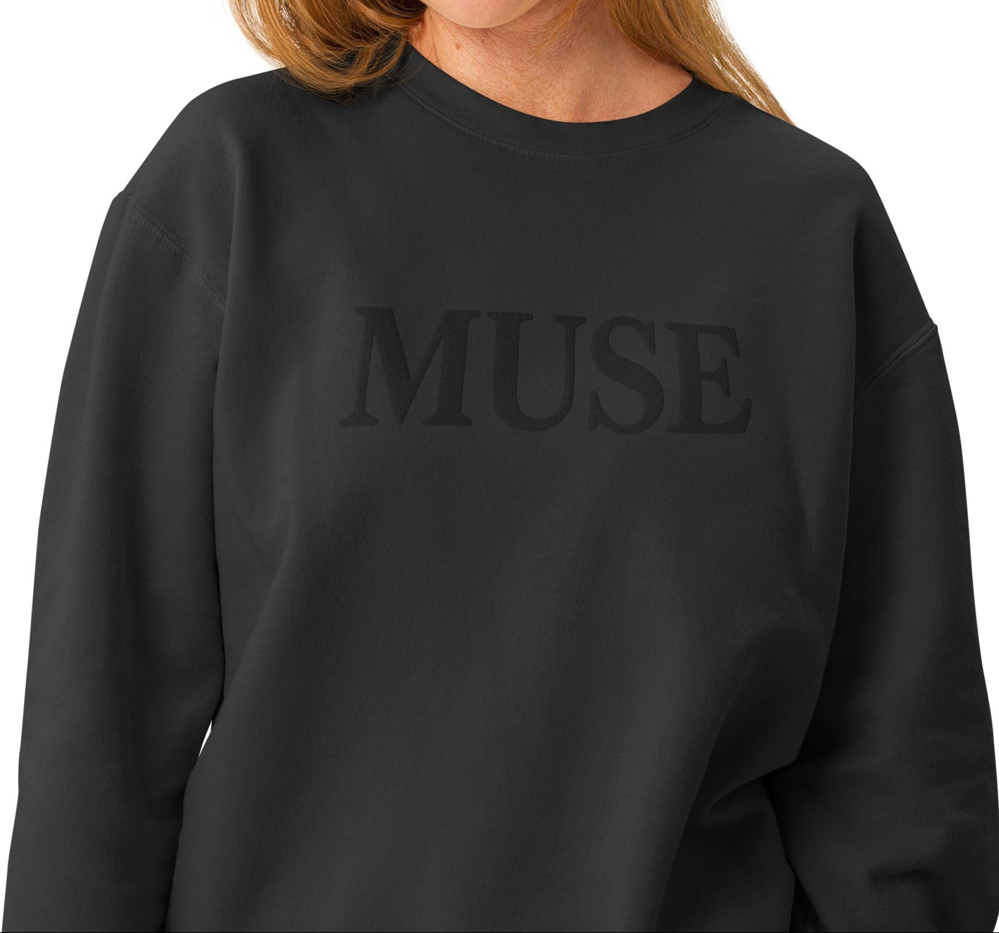 Black MUSE sweatshirt with tonal embroidered serif lettering