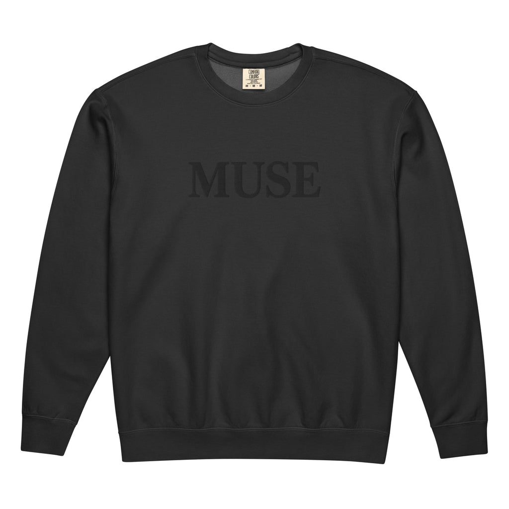 Black MUSE sweatshirt with tonal embroidered serif lettering and ribbed details