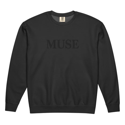 Black MUSE sweatshirt with tonal embroidered serif lettering and ribbed details