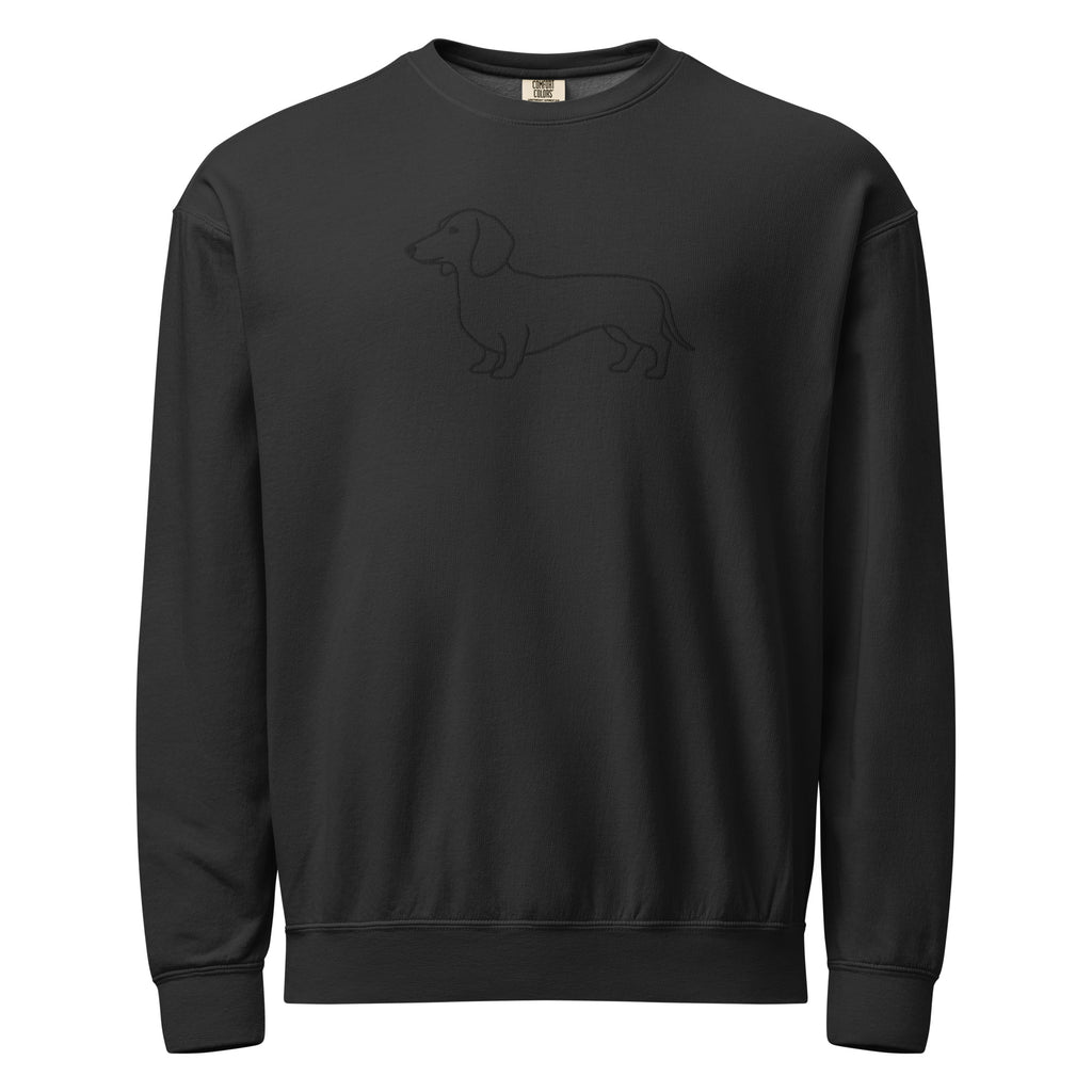 Black dachshund sweatshirt with minimal line art wiener dog design