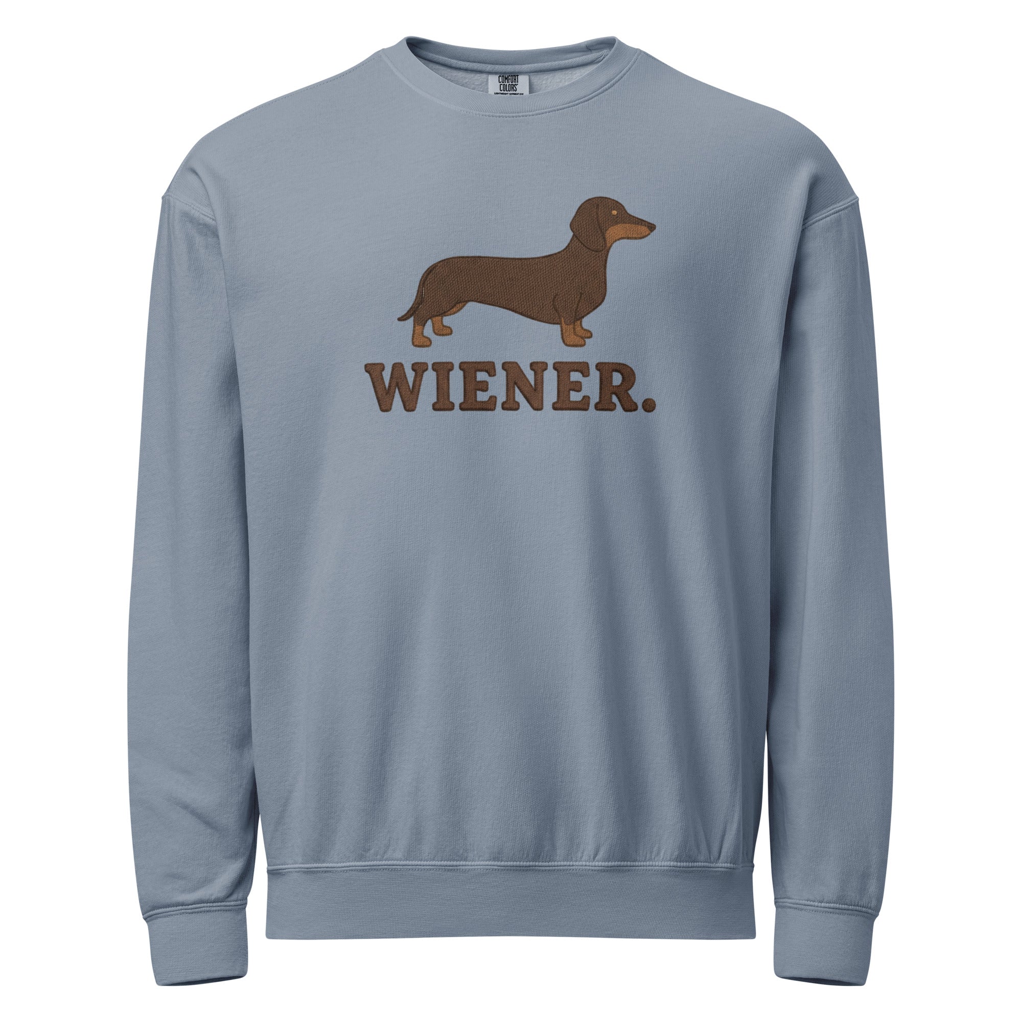 Blue Wiener Dog Graphic Sweatshirt with Funny Dachshund Text