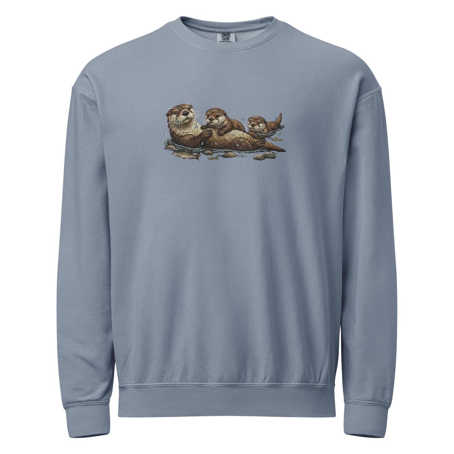 Cozy wildlife animal family crewneck: blue otter sweatshirt with two otters swimming graphic