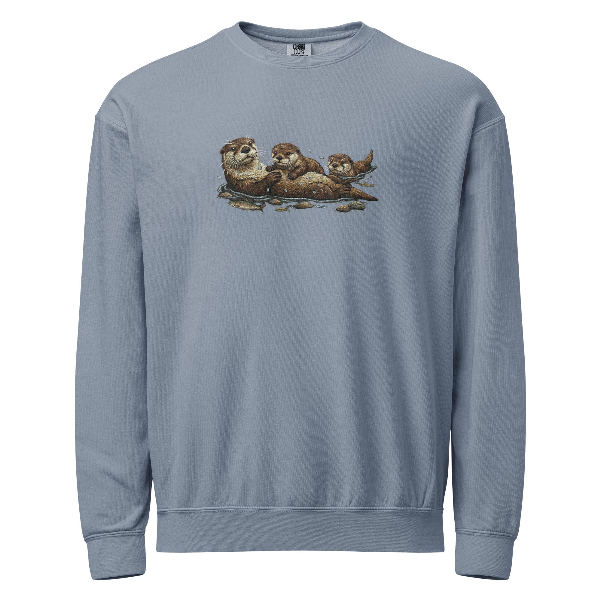 Cozy wildlife animal family crewneck: blue otter sweatshirt with two otters swimming graphic