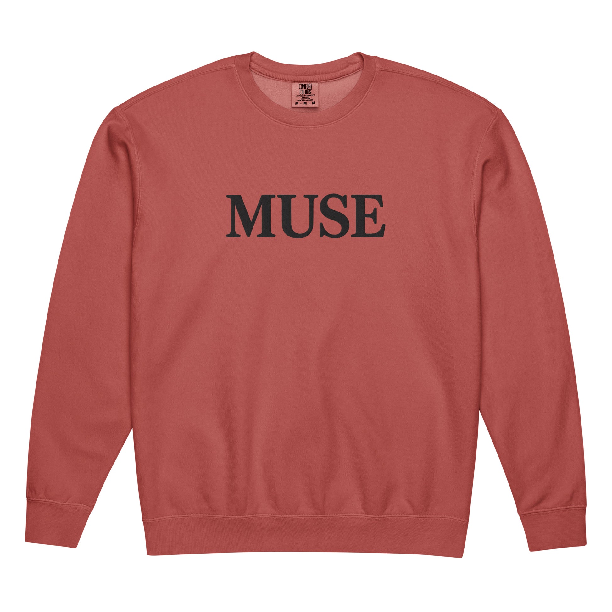 Coral pink MUSE crewneck sweatshirt with tonal embroidered serif print