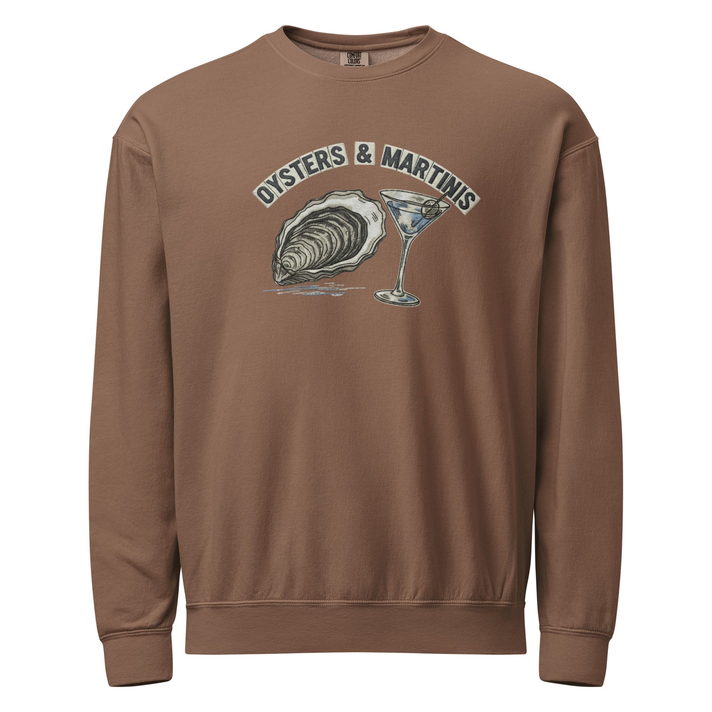 Brown Coastal Crewneck Sweatshirt with Oysters and Martinis Design