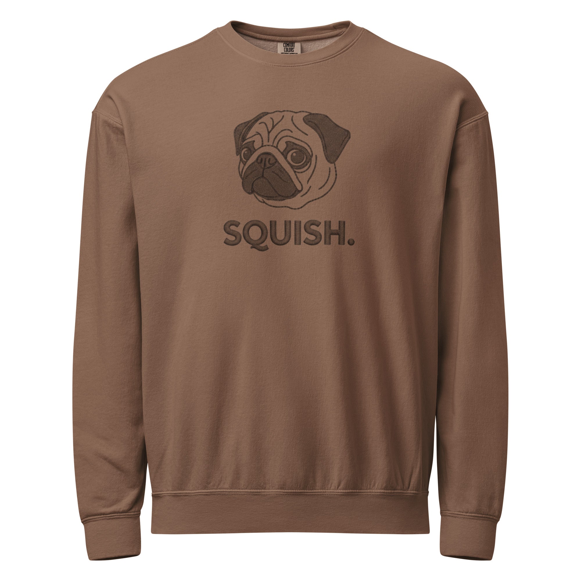 Brown pug face sweatshirt with squish text design for dog lovers