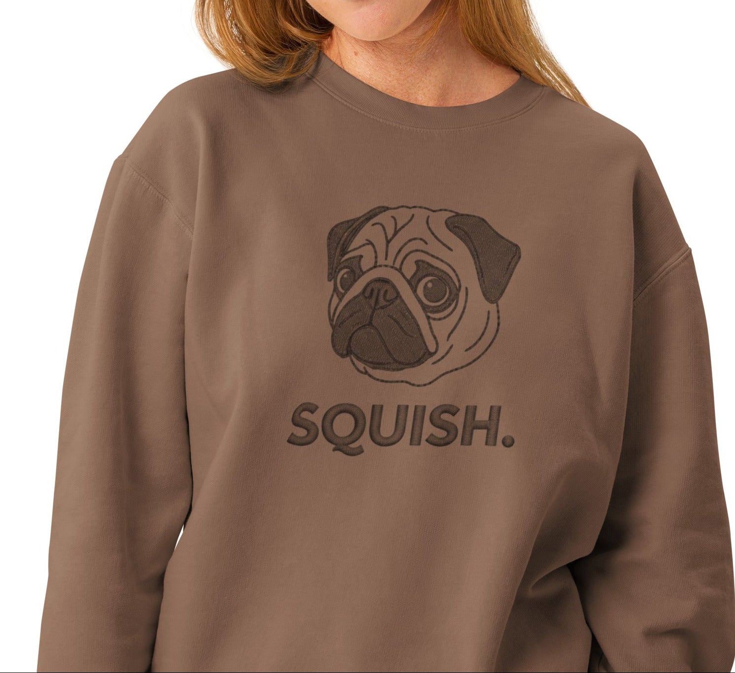 Pug Sweatshirt Squish: Brown Dog Lover Crewneck with Pug Design