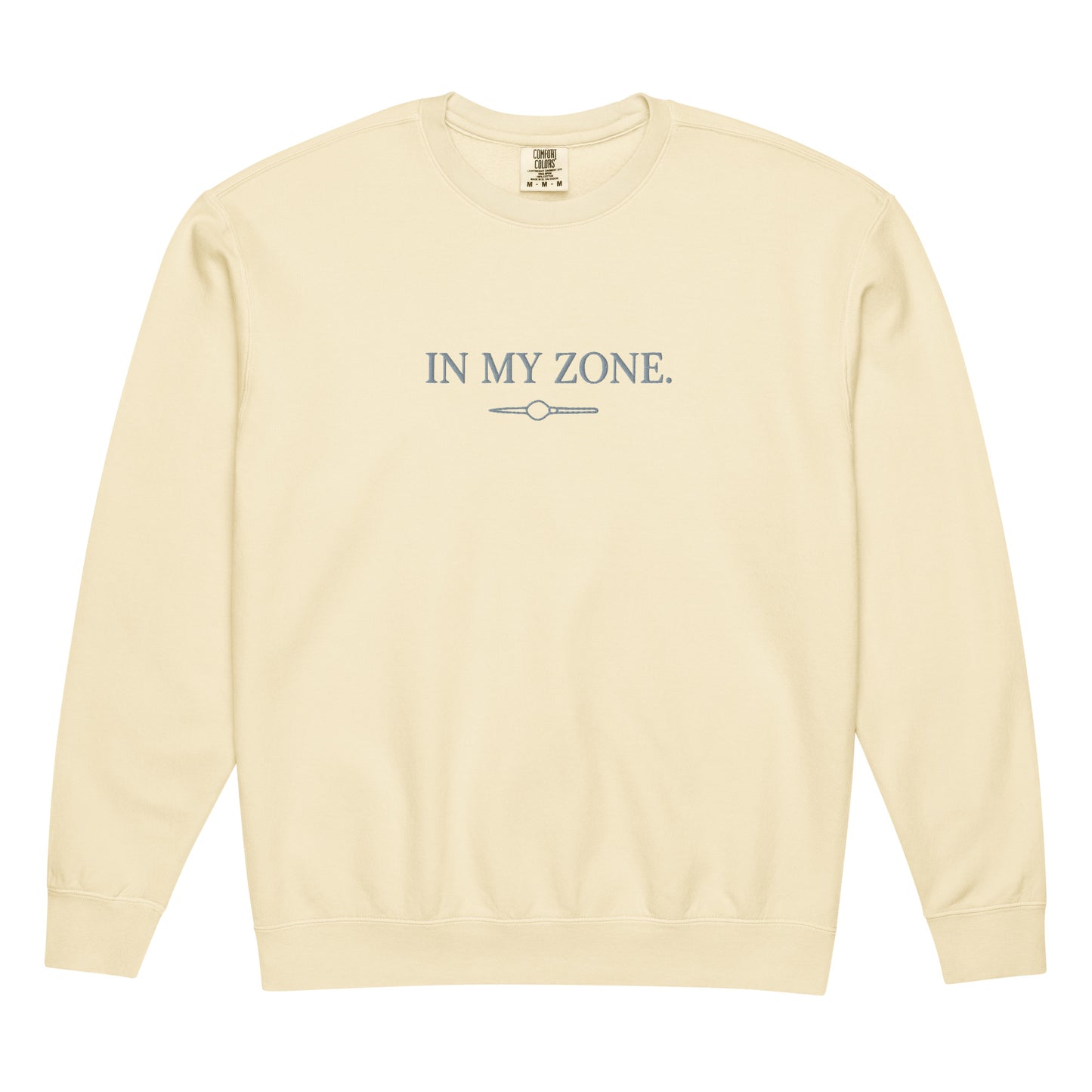 Cream-colored Comfort Colors zone embroidered sweatshirt with In My Zone text