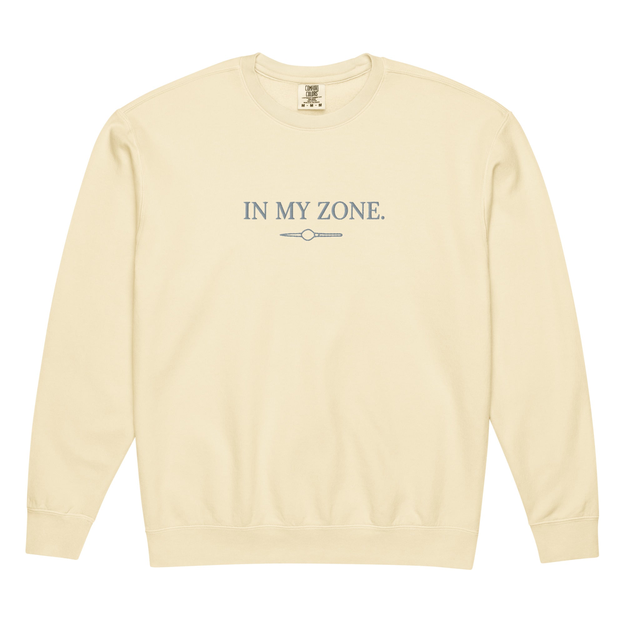 Cream-colored Comfort Colors zone embroidered sweatshirt with In My Zone text