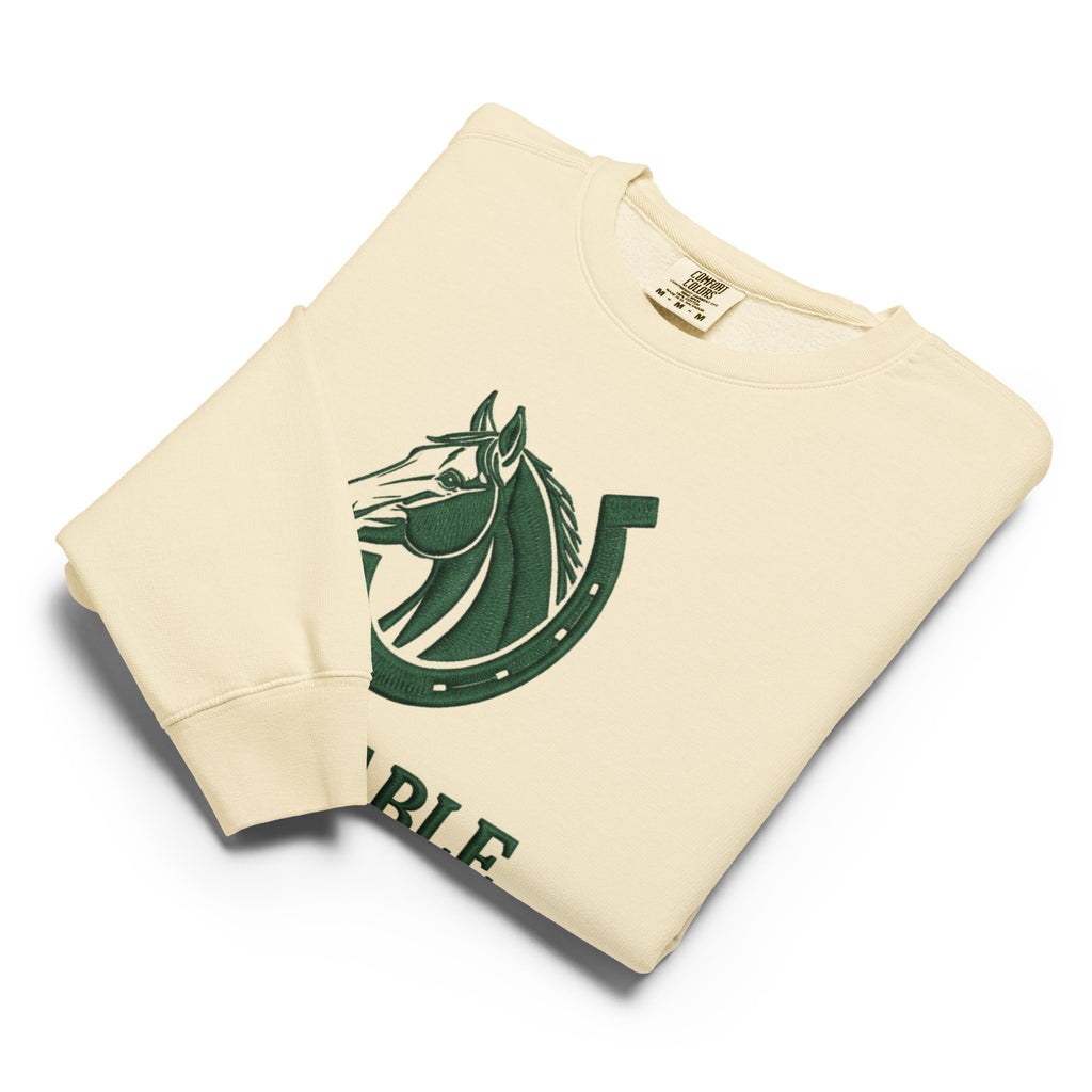Cream-colored Stable Heritage Graphic sweatshirt with green horse logo