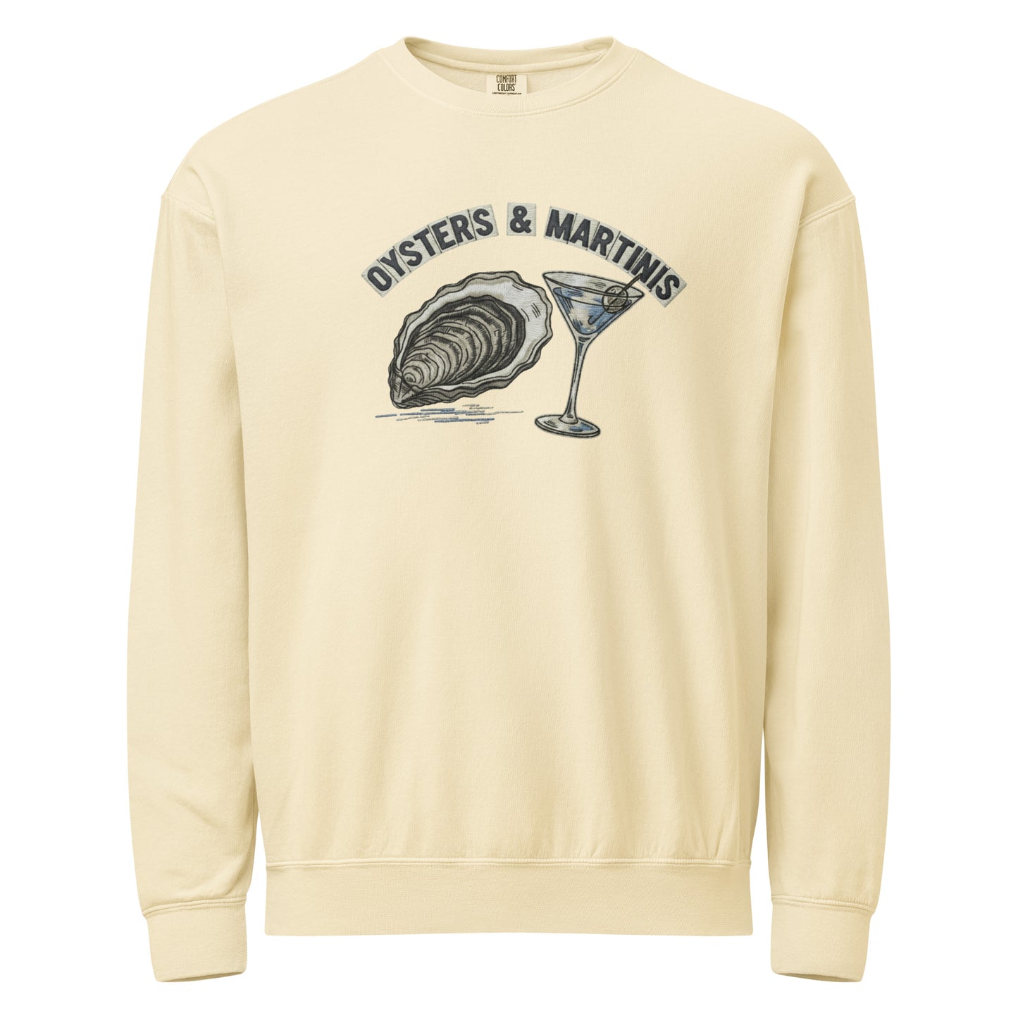 Coastal crewneck sweatshirt with cream oysters and martinis graphic