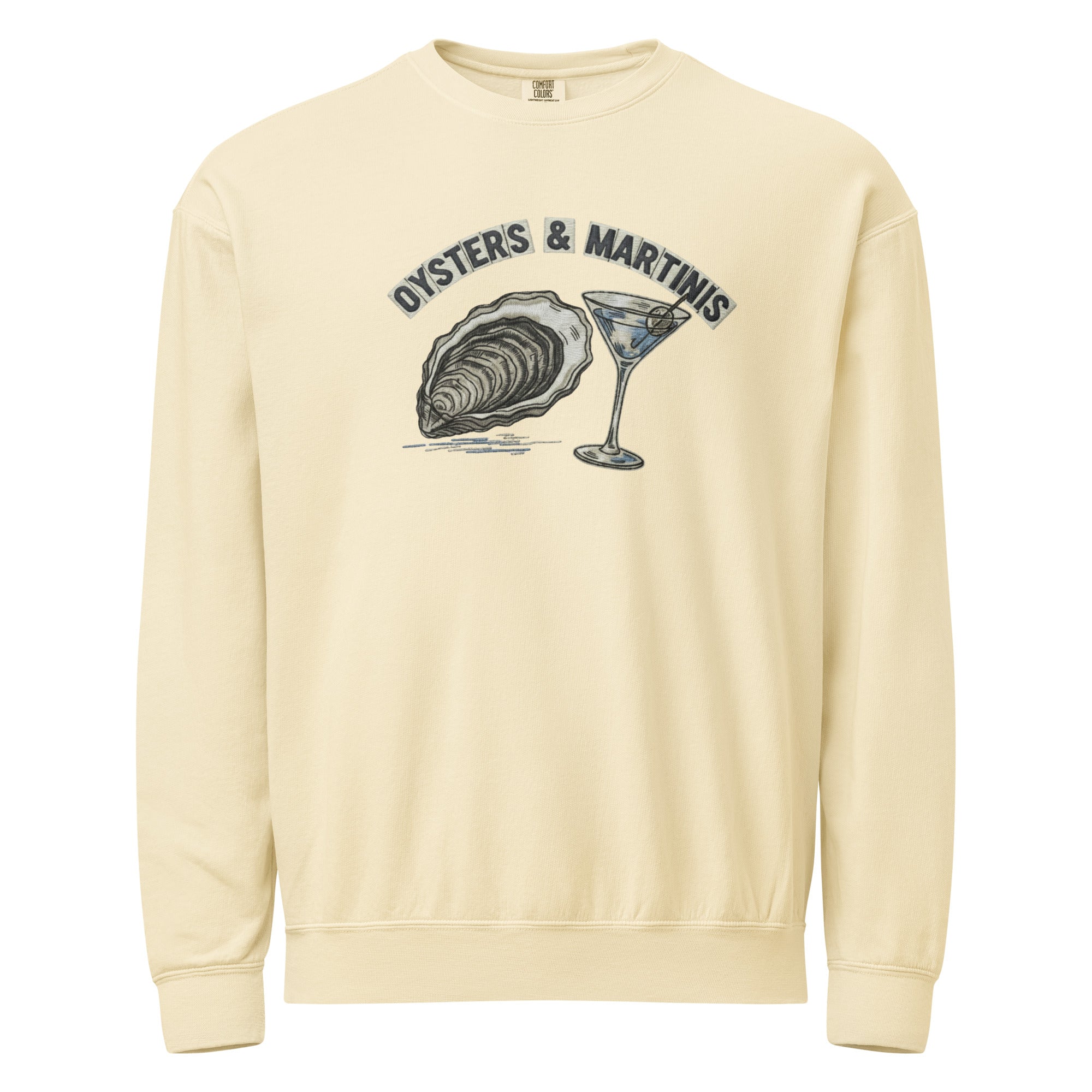 Coastal crewneck sweatshirt with cream oysters and martinis graphic