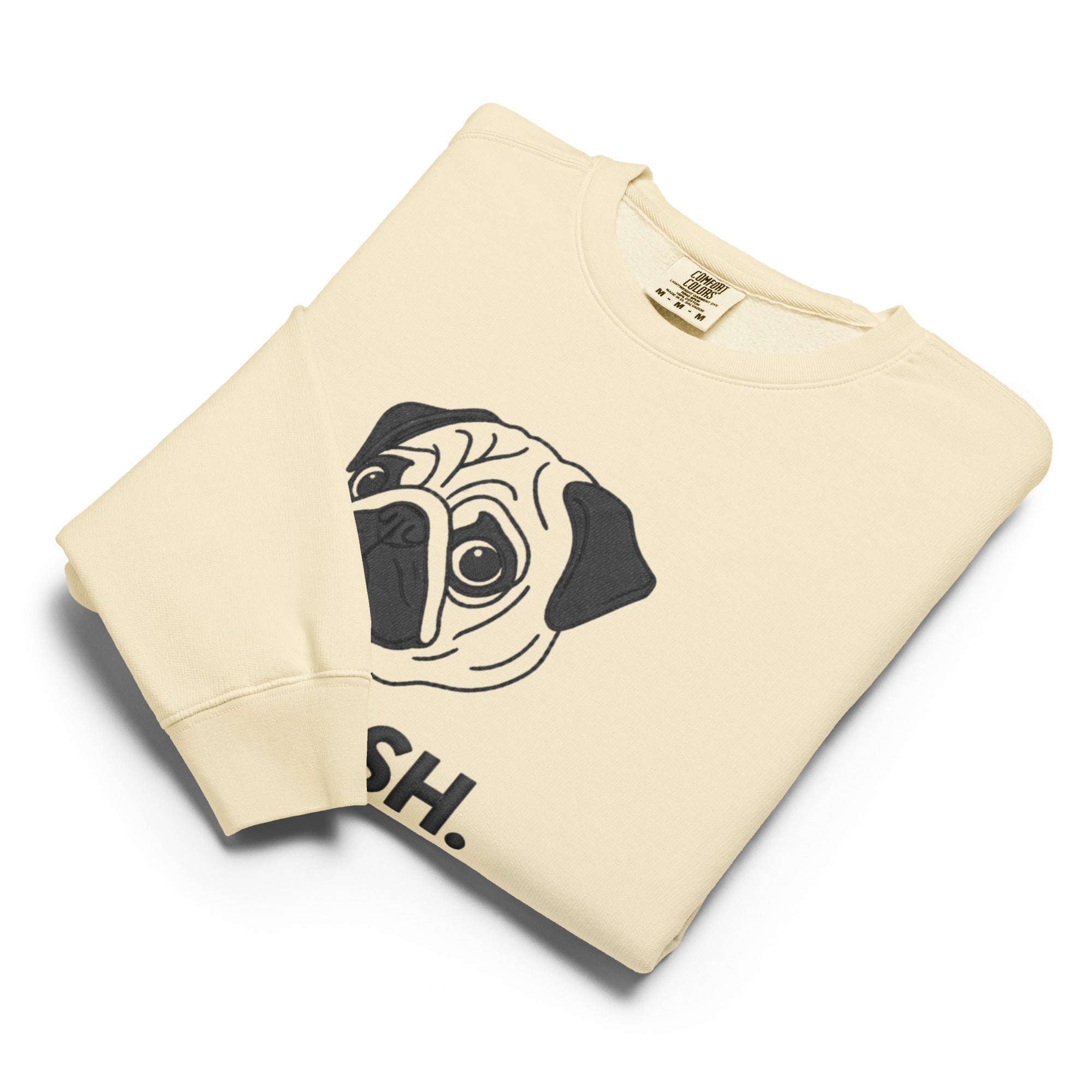Cream-colored pug face sweatshirt with Ash text, Pug Crewneck Squish minimalist dog lover design