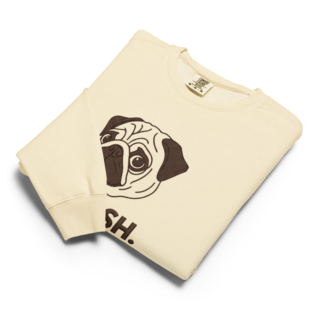 Cream-colored Pug Sweatshirt Squish with ash pug design, maroon logo