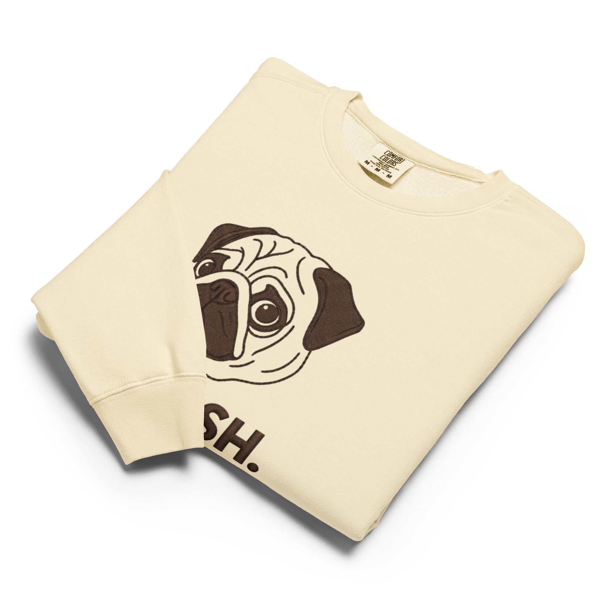 Cream-colored Pug Sweatshirt Squish with ash pug design, maroon logo