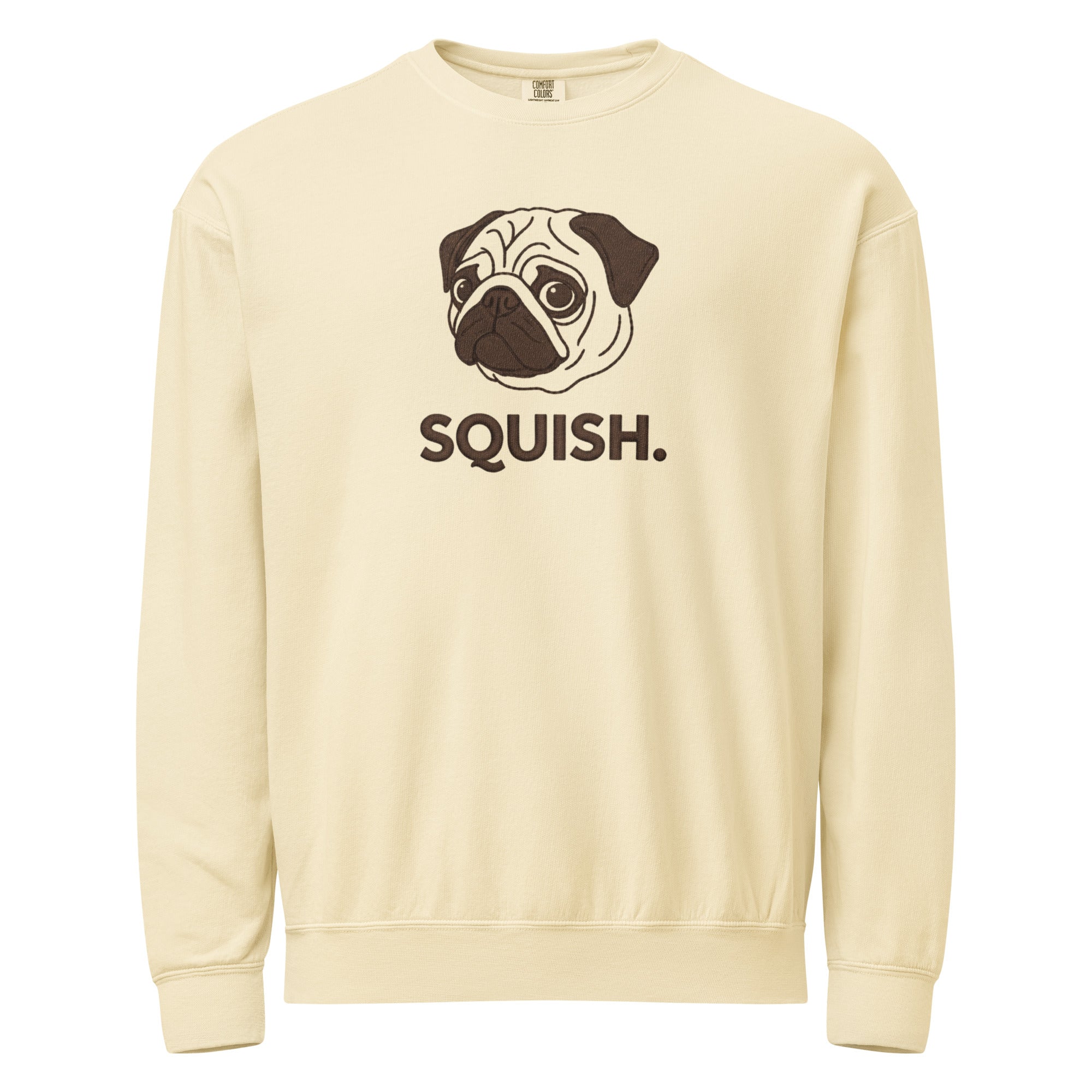 Cream-colored pug sweatshirt squish crewneck for dog lovers