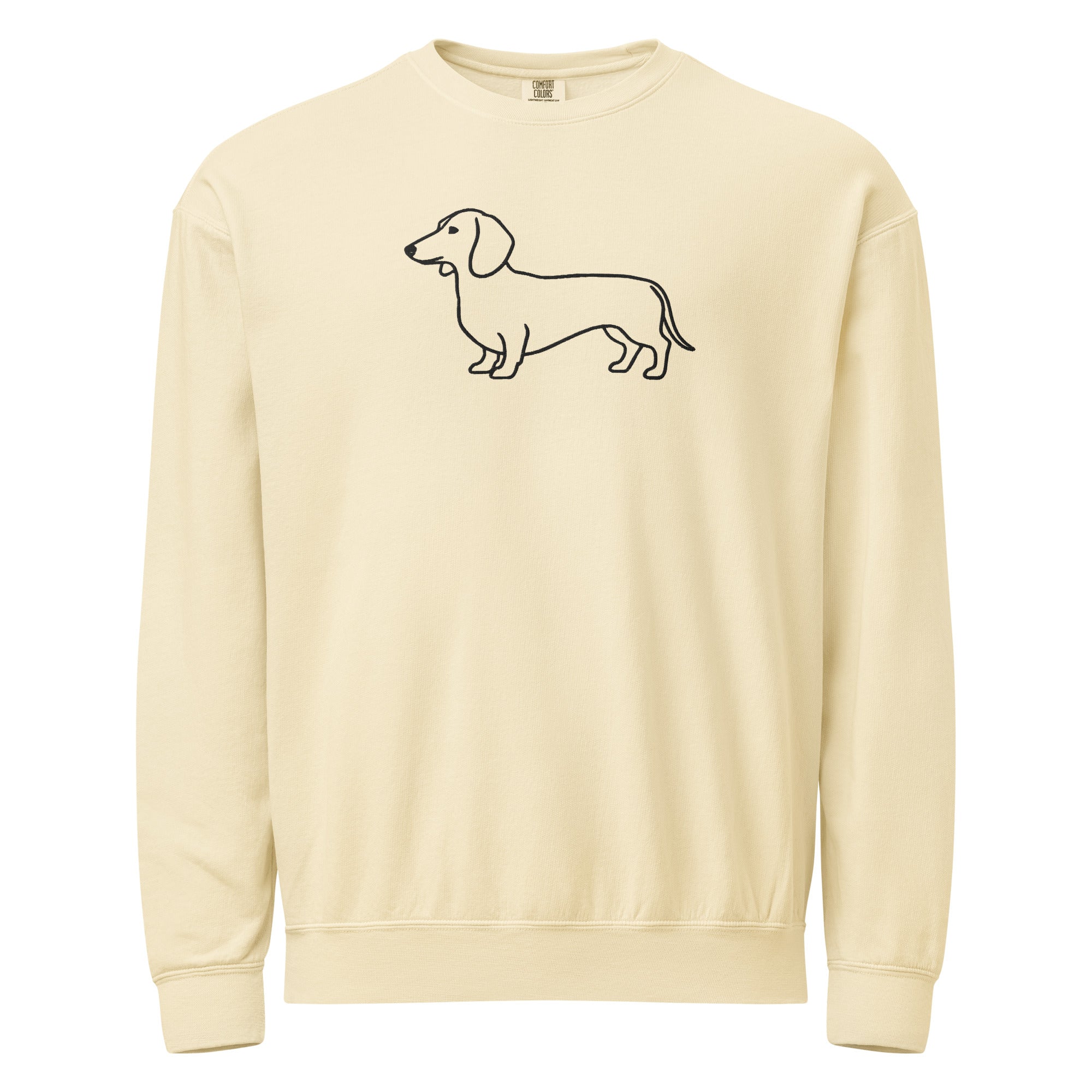Cream-colored crewneck with minimal line art wiener dog dachshund