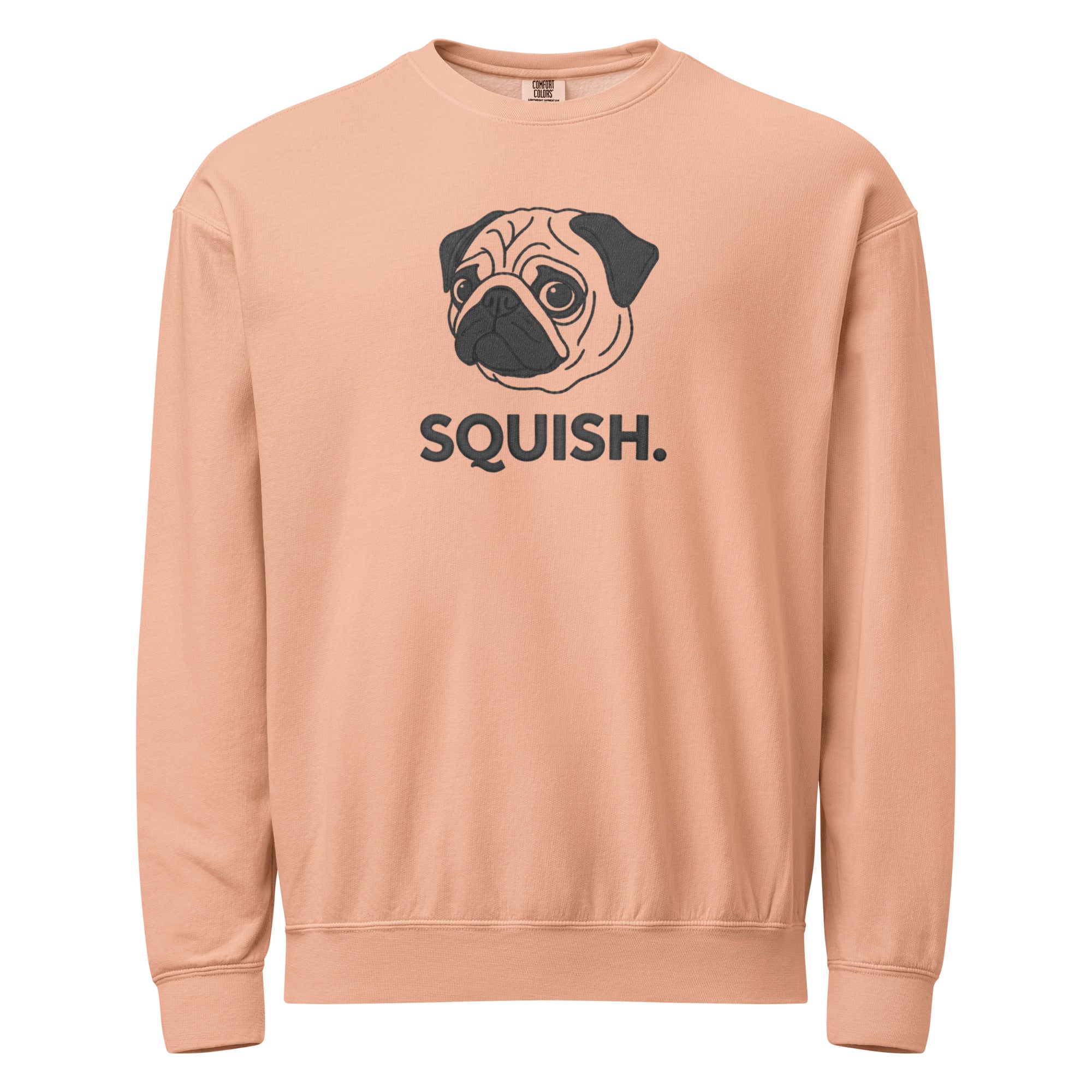 Peach pug face sweatshirt with squish text, minimalist dog lover crewneck