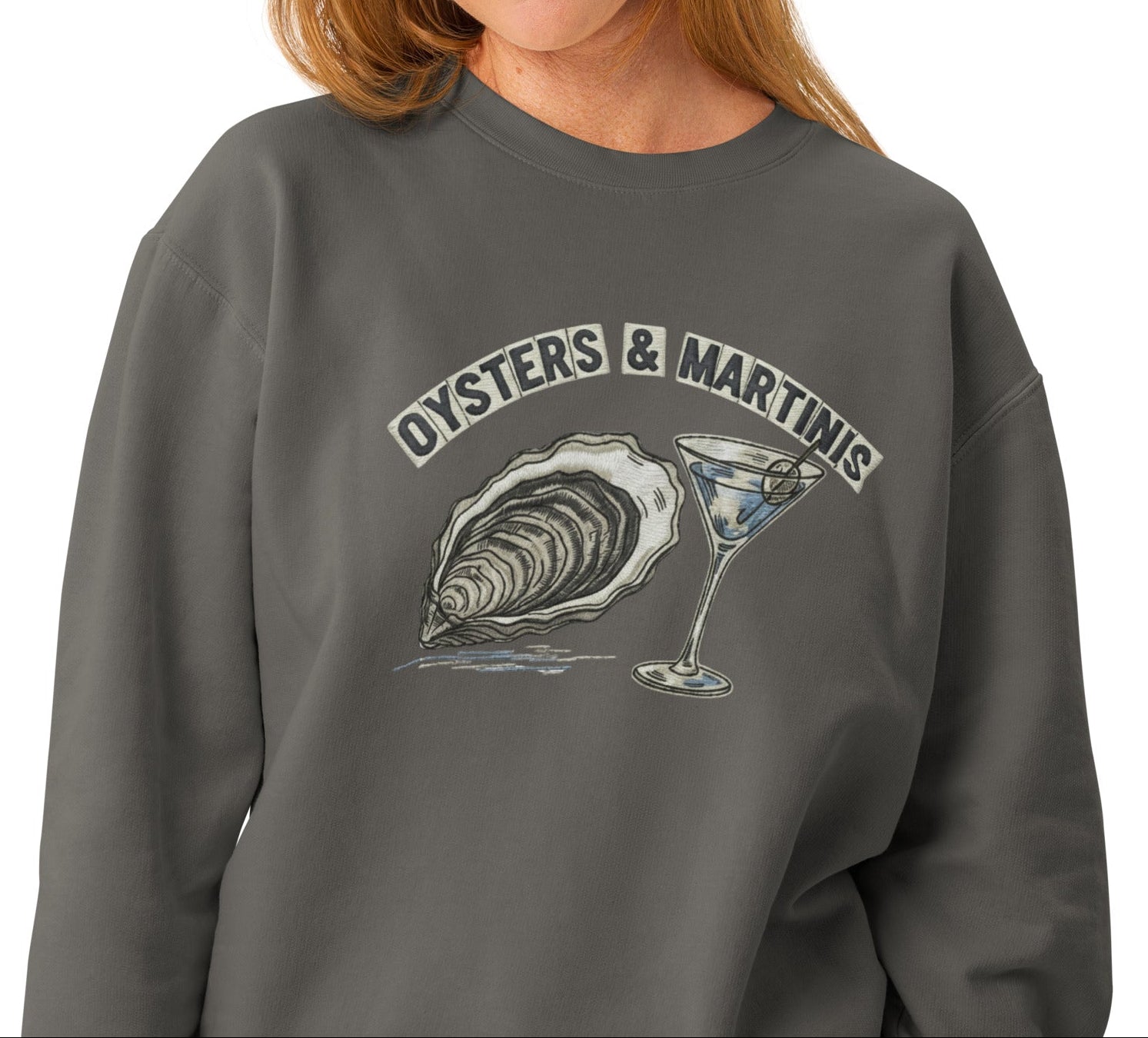 Coastal crewneck sweatshirt with charcoal gray oysters and martinis graphic