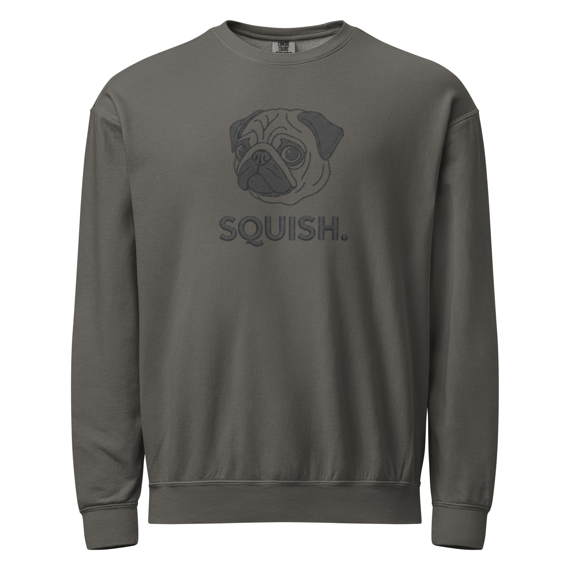 Olive green pug face squish sweatshirt for minimalist dog lovers