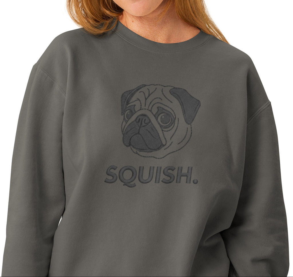 Charcoal gray pug face sweatshirt with squish text design