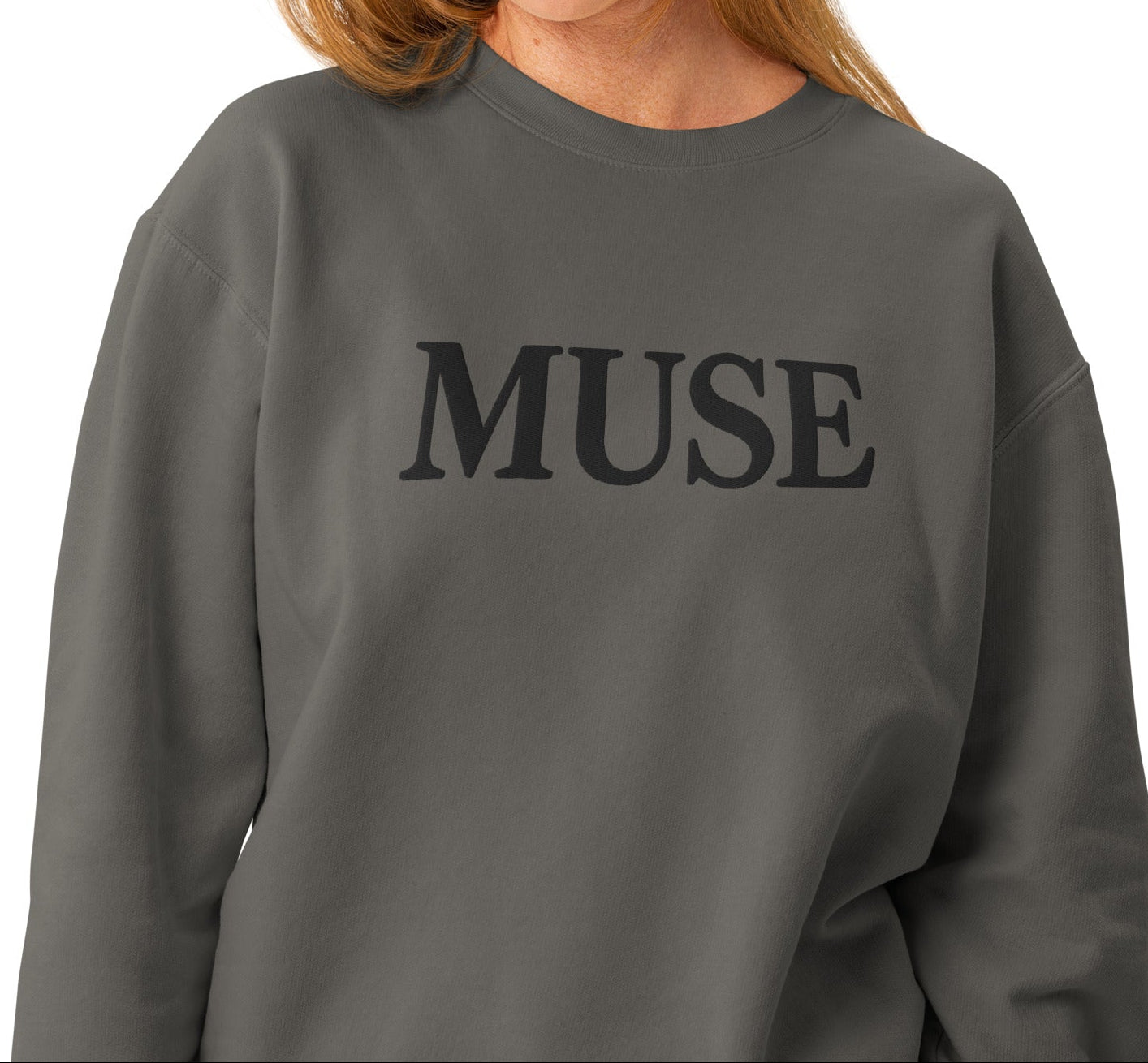 Charcoal gray Muse sweatshirt with tonal embroidered serif design
