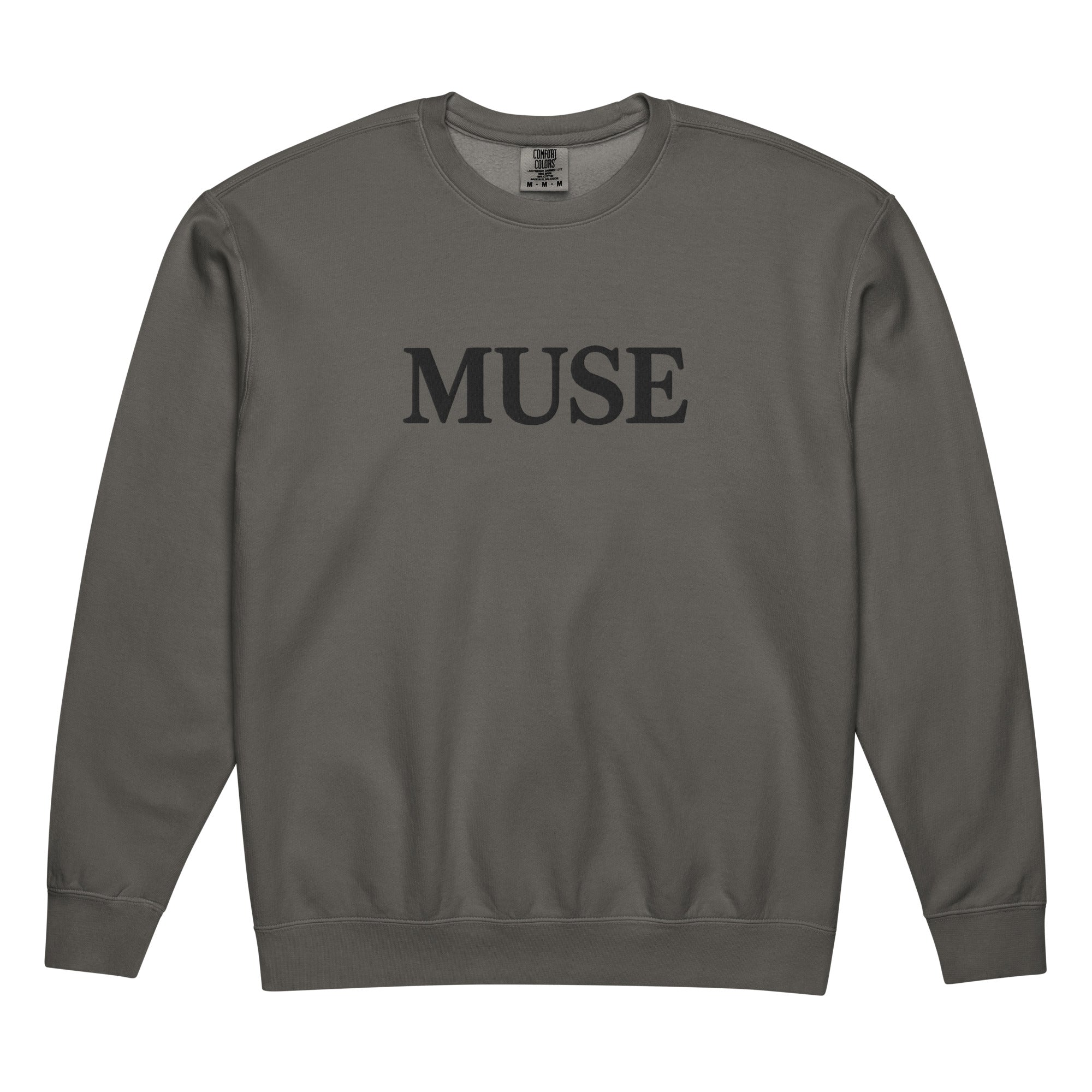 Olive green MUSE crewneck sweatshirt with tonal embroidered serif print
