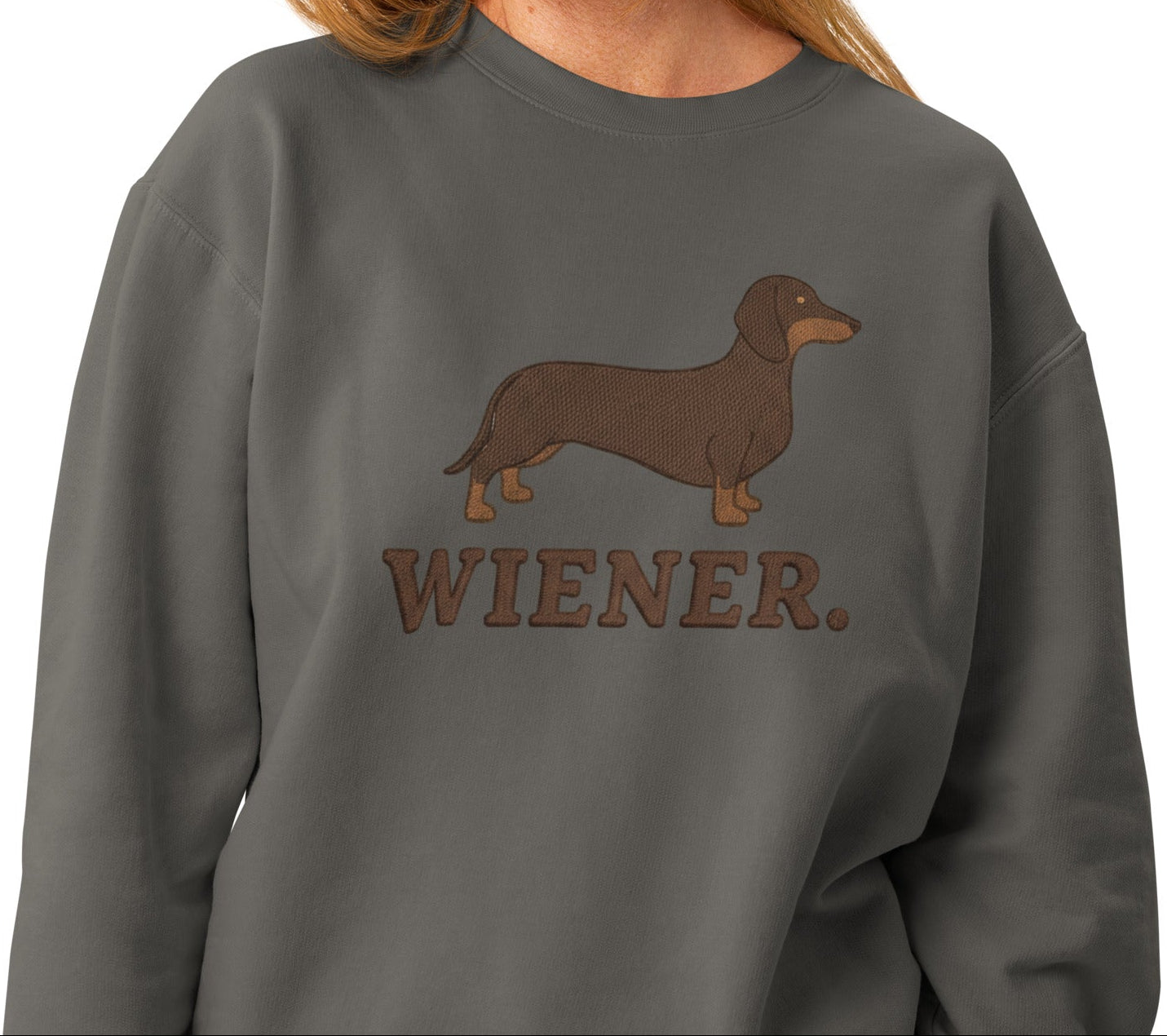 Charcoal gray sweatshirt with wiener dog graphic and Wiener text