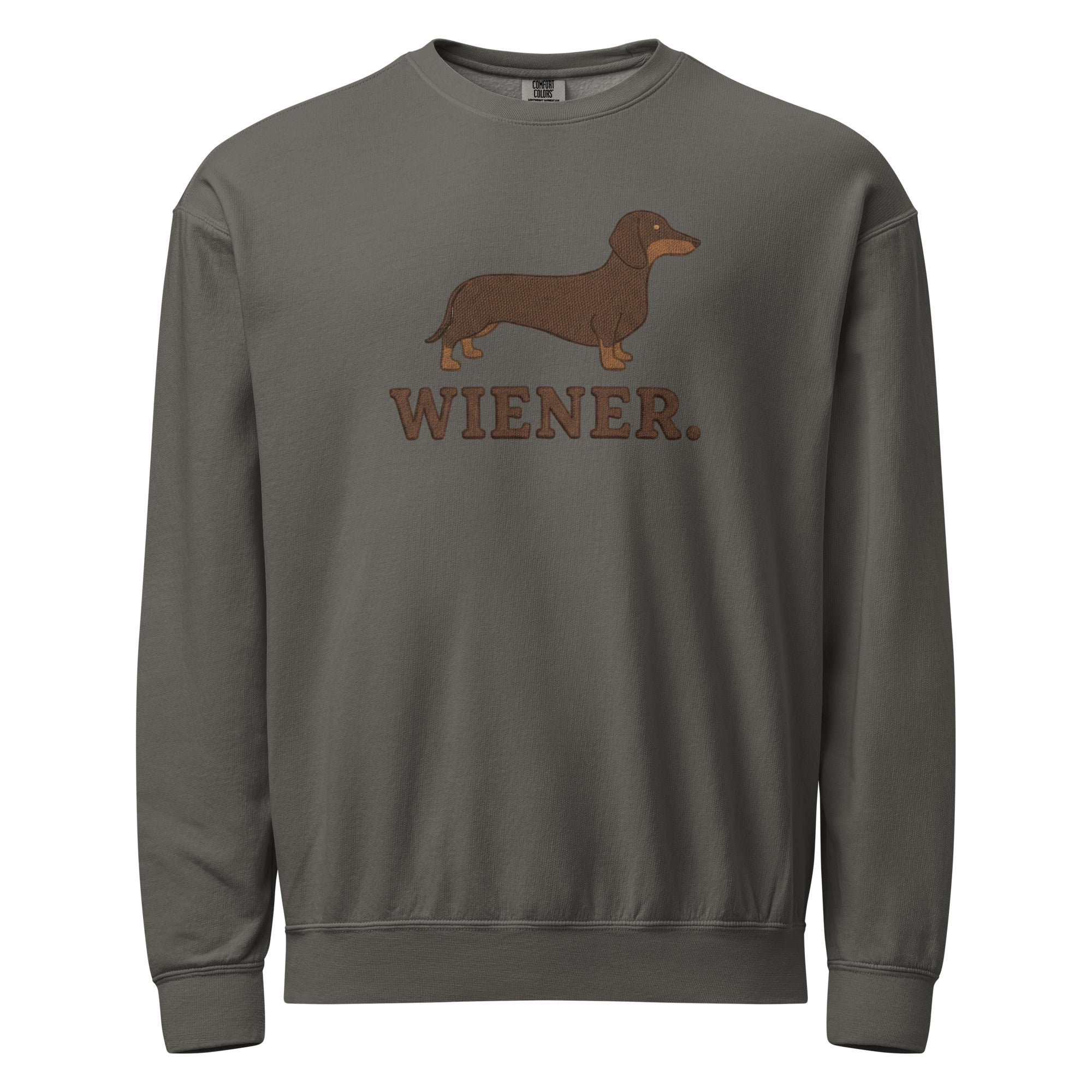 Charcoal gray dachshund graphic sweatshirt with wiener dog text