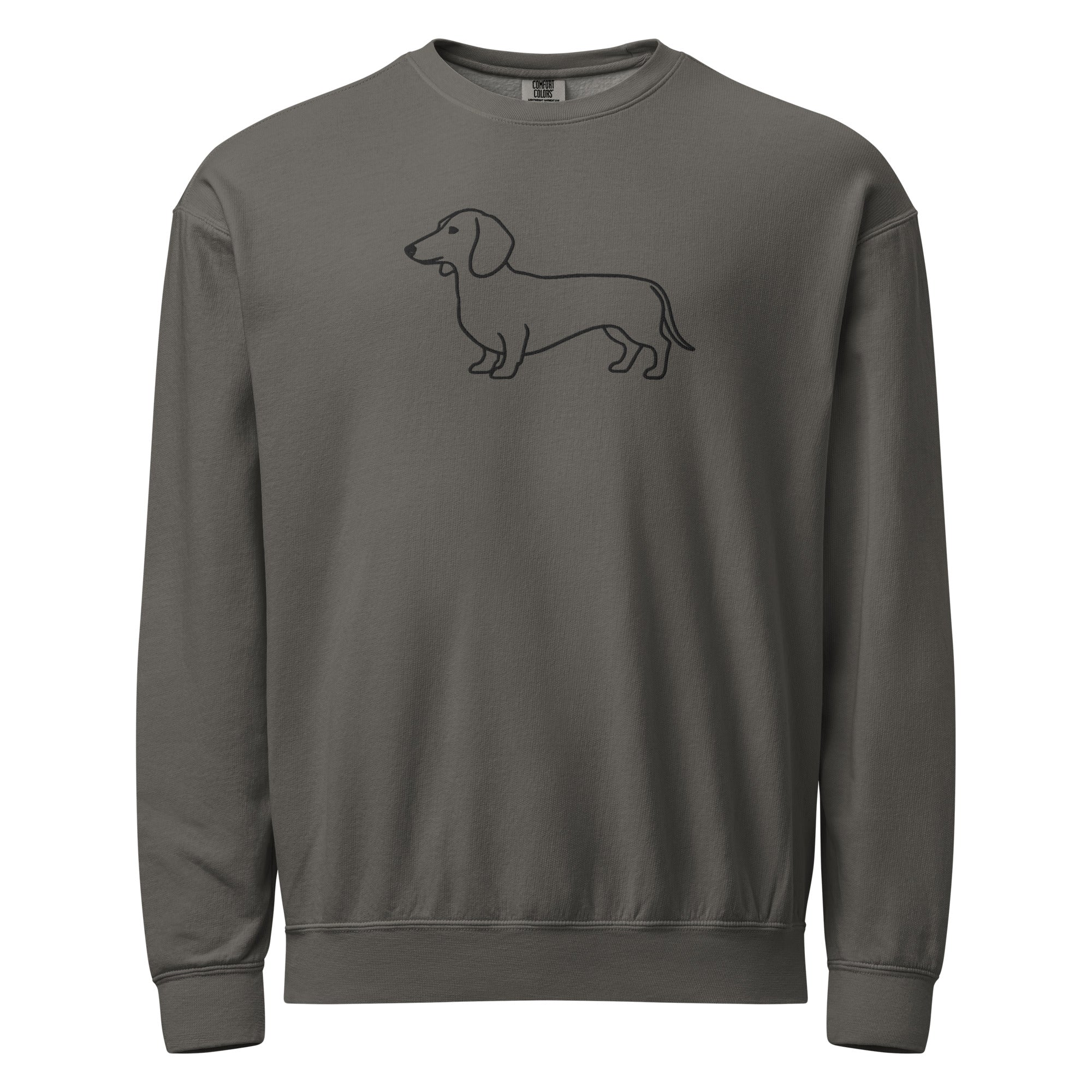 Charcoal gray crewneck sweatshirt with minimal line art wiener dog design