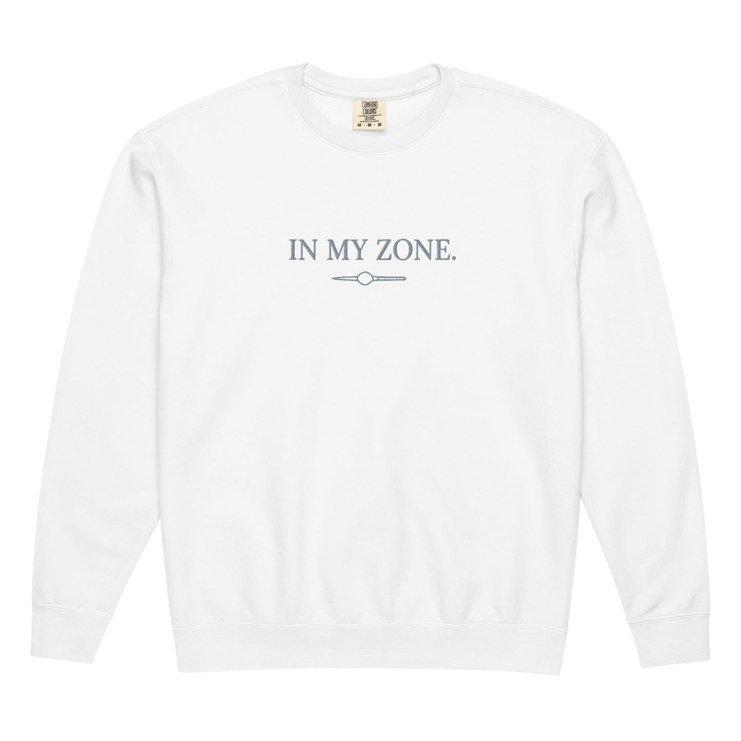 White Comfort Colors zone embroidered crewneck sweatshirt with In My Zone text