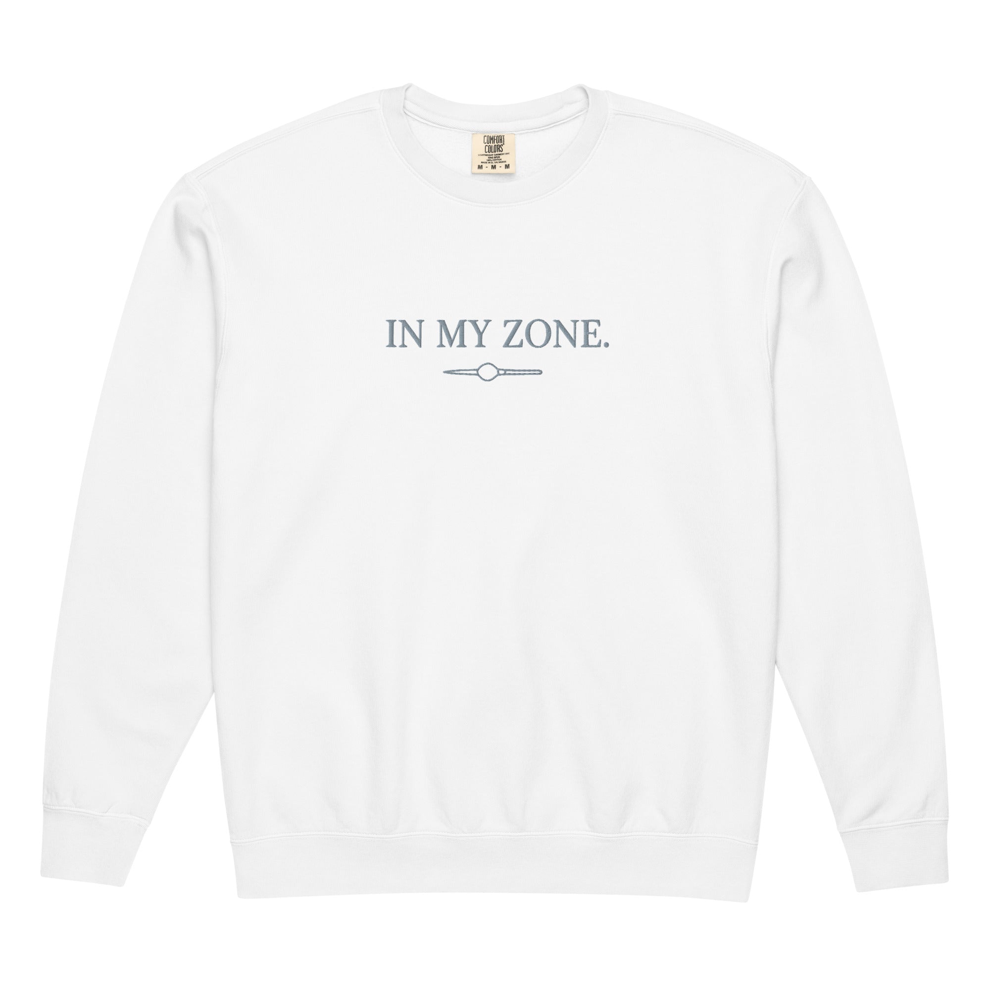 White Comfort Colors zone embroidered crewneck sweatshirt with In My Zone text