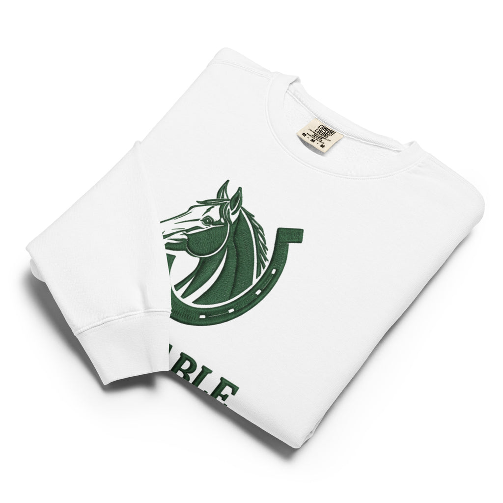 White Stable Heritage Graphic Crewneck Sweatshirt with Green Horse Logo