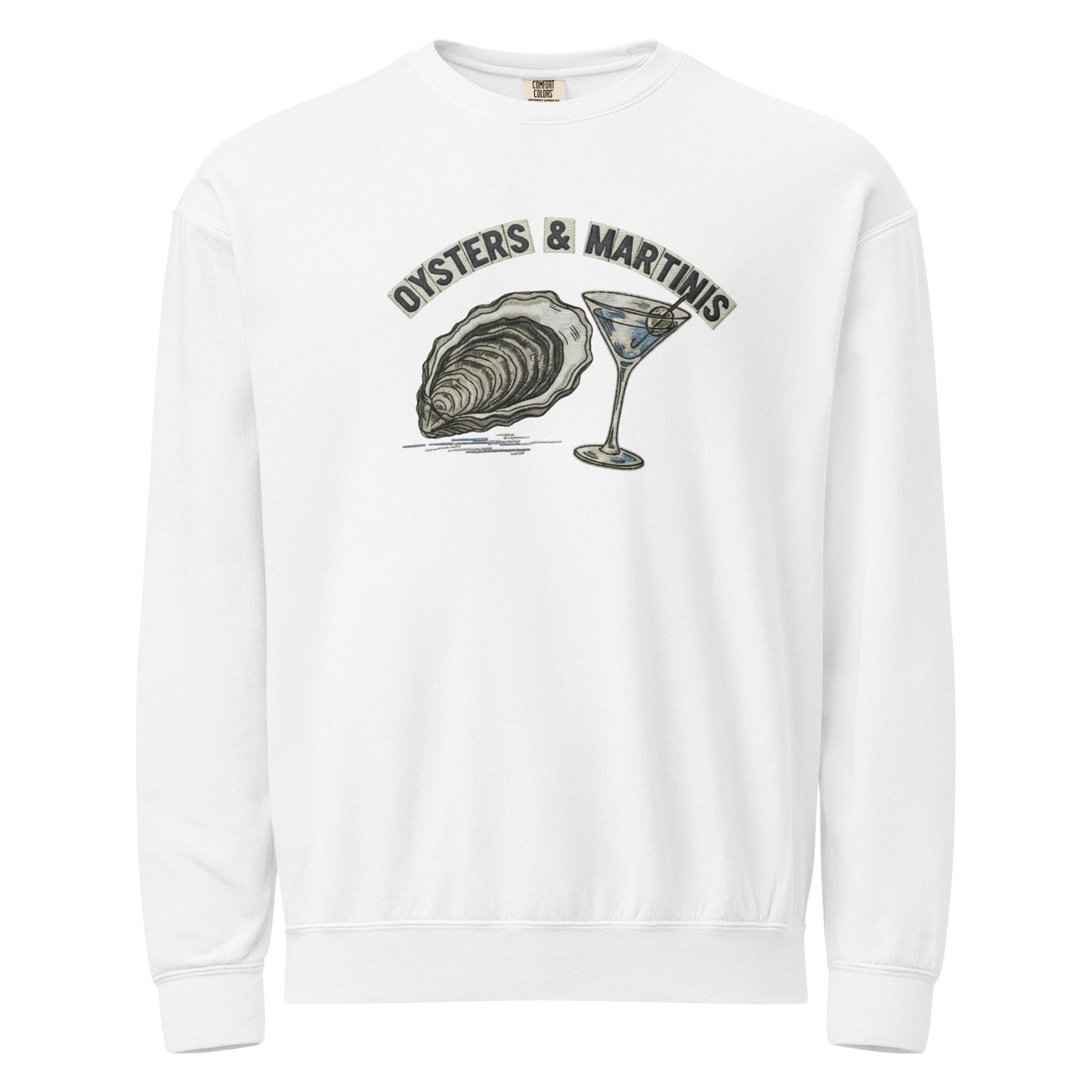White coastal crewneck sweatshirt with oysters and martinis design
