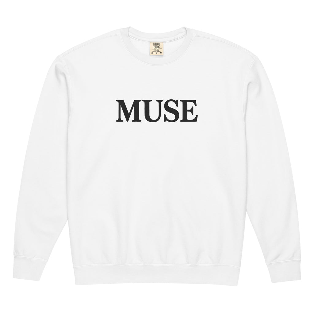 White MUSE crewneck sweatshirt with black tonal embroidered serif print