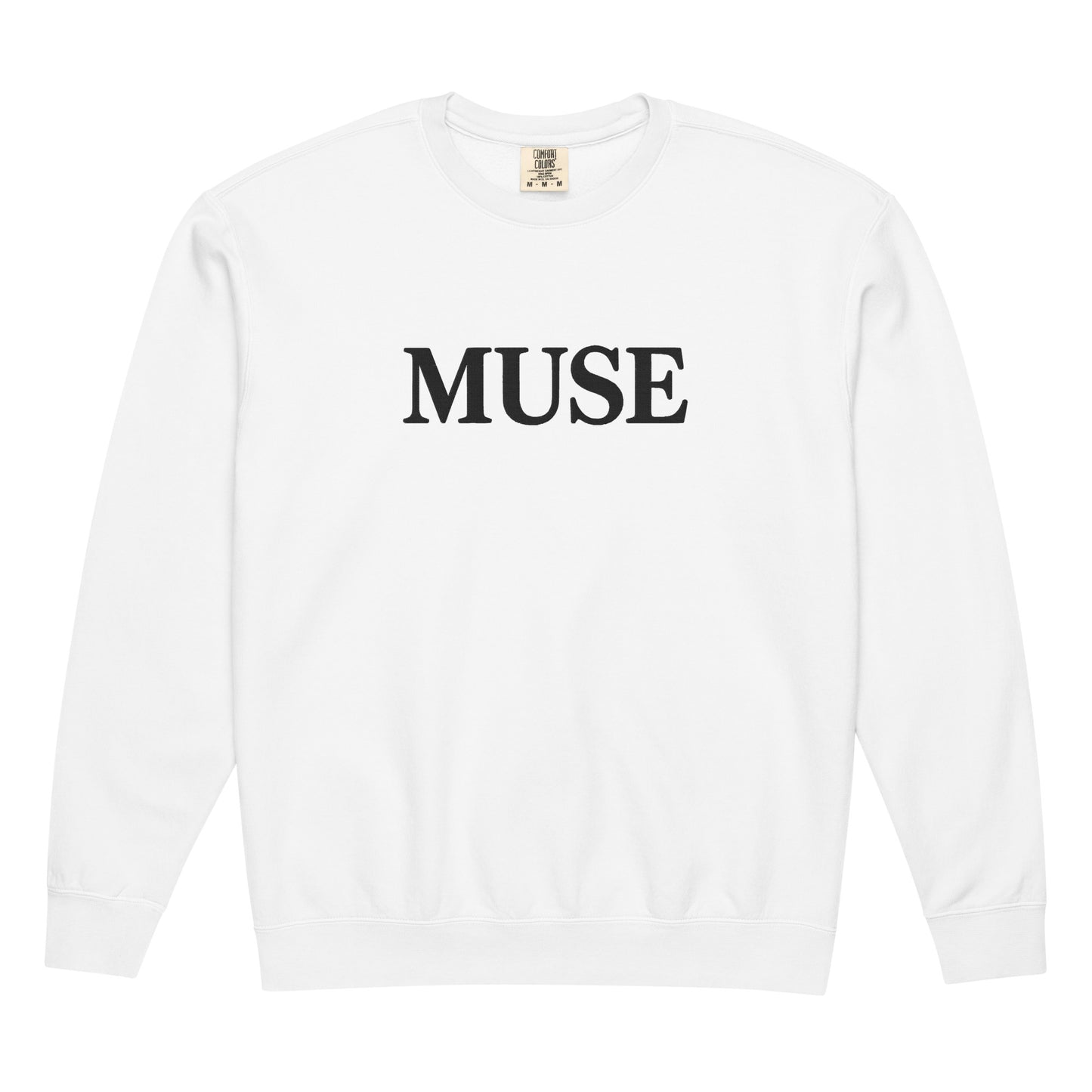 White MUSE crewneck sweatshirt with black tonal embroidered serif print