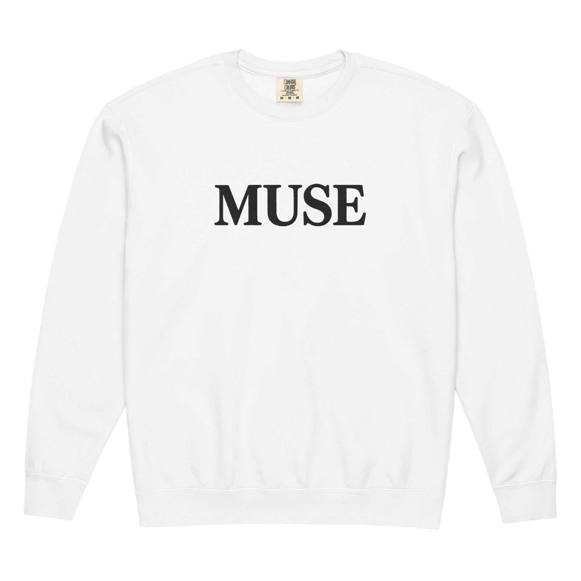 White MUSE crewneck sweatshirt with black tonal embroidered serif print